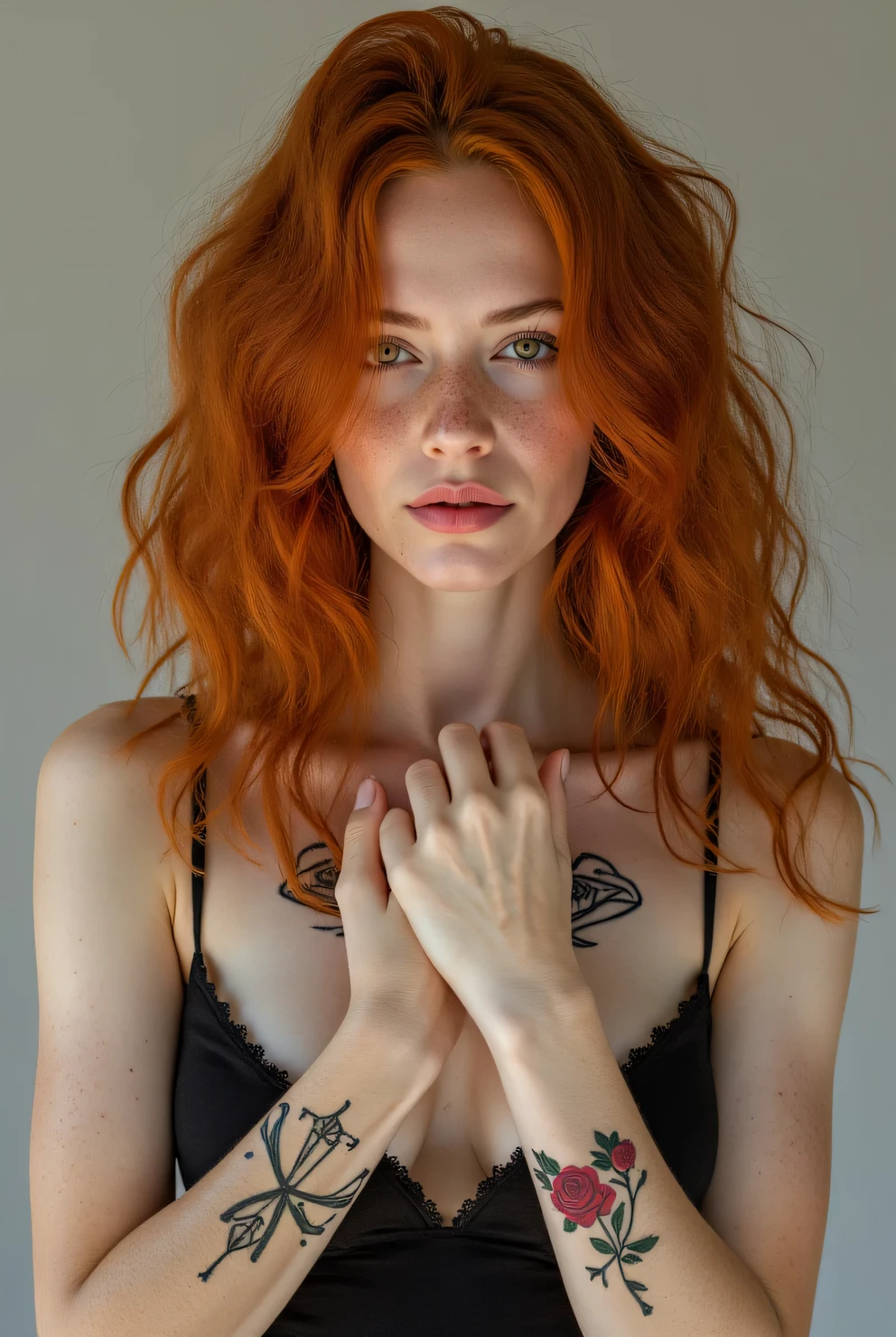 Realism, RAW photo, highest quality, (masterpiece: 1.3), high detail RAW color photo, professional photo, extremely detailed CG 8k wallpaper unit, photo-realistic, RAW photo, masterpiece, best quality, highres, illustration, thin, white, redhead, red hair, red hair with curls, wavy hair, curly hair, length Average, stuck hair, thin legs, beautiful face perfect with freckles, cardune lips, beautiful realistic eyes, green eyes, pale skin, detailed skin texture, flat breasts, very small, small ass. Red roses tattooed on the shoulders, tattoos of pagan symbols on the forearms and hands. Slim, slim body. Redhead. Smile. Sweaty. Witch style. Pagan style, Celtic, wiccan. Scotland. She looks amazing.