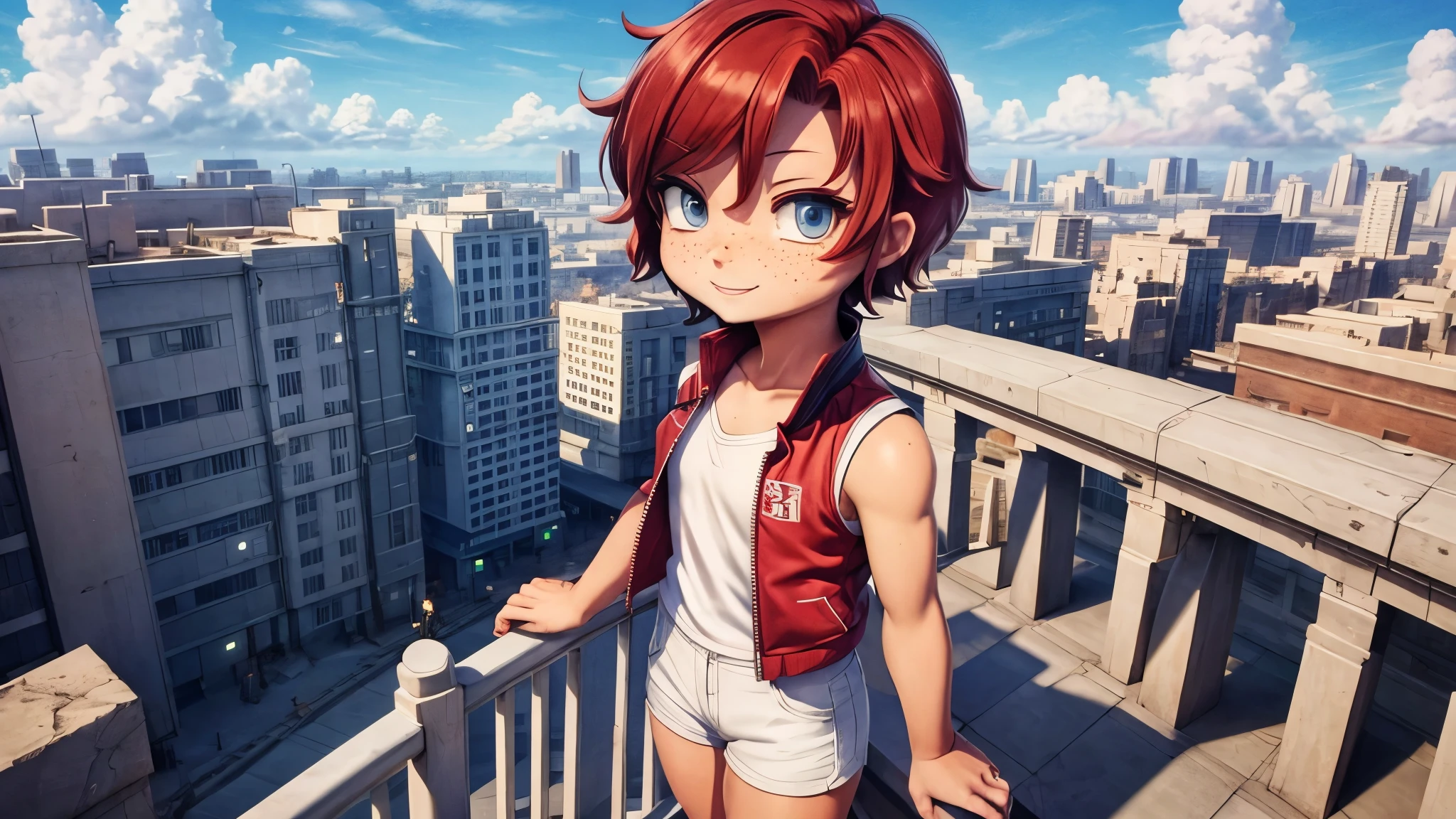 I fly through the sky , girl1people,Futuristic Building, I fly through the sky 飛空艇,blue sky,Flowing Clouds, on the roof , watching viewers, short hair, shortcuts,Red Hair Color,blue eyes,, boyish,アジアpeople,smile,, tanned skin, is thin,Freckles, white shorts hanging in a bar, white tank top standing on the street, red jacket, High Angle ,