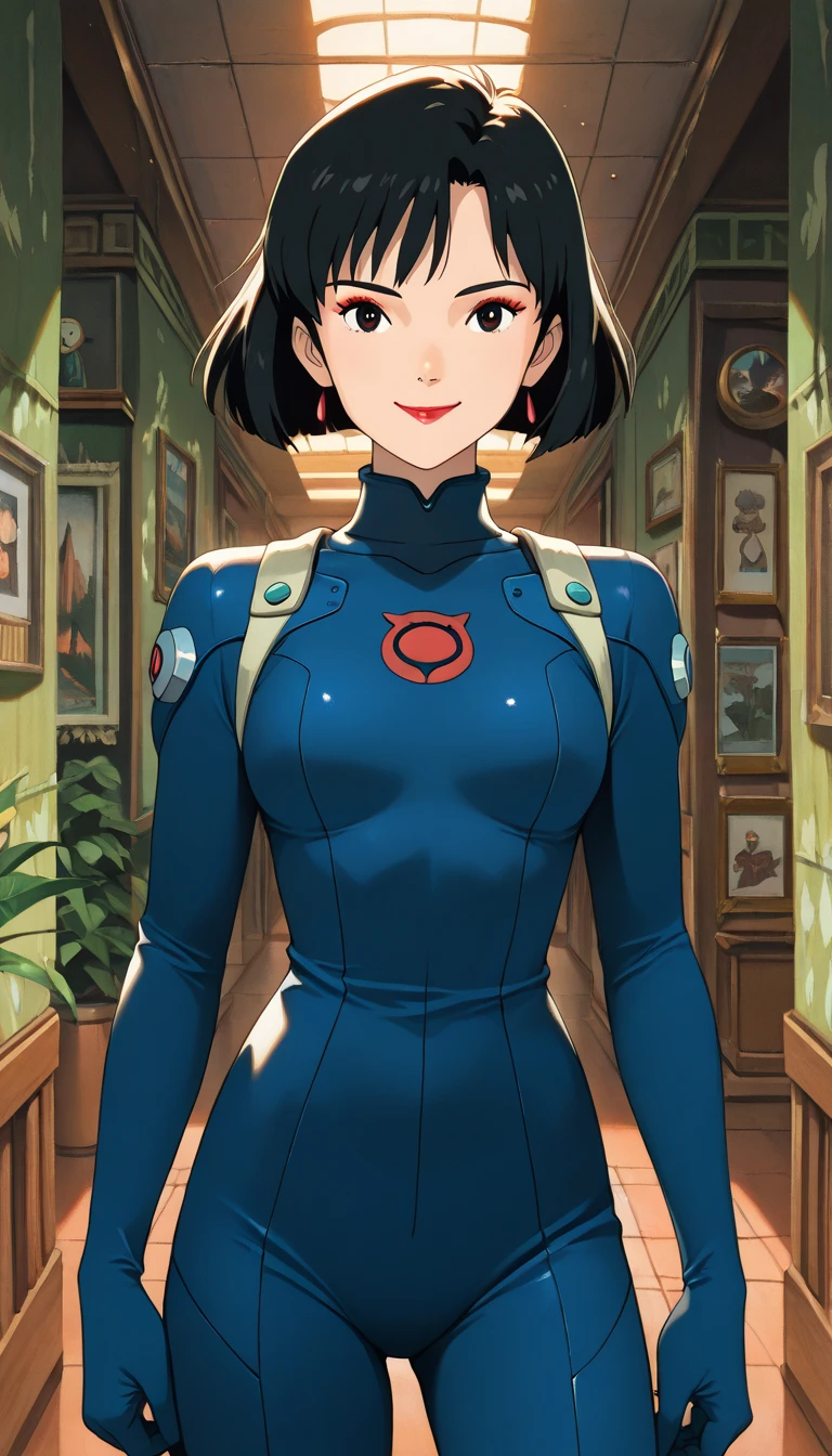 (1girl, xhoneydx), (extremely detailed CG unit 8k wallpaper),(master part), (best quality), (ultra detail), (best illustration),(ghibli_style), cowboy shot, standing, facing viewer, looking at viewer, perfect face, perfect eyes, perfect fingers, (Sharp eyeliner, ombre, detailed eyes:1), traditional media, ghibli landscapes, scenery, indoors, secret base, break , upper body, solo, smile, (short hair, black hair, lipstick, makeup, blue bodysuit)