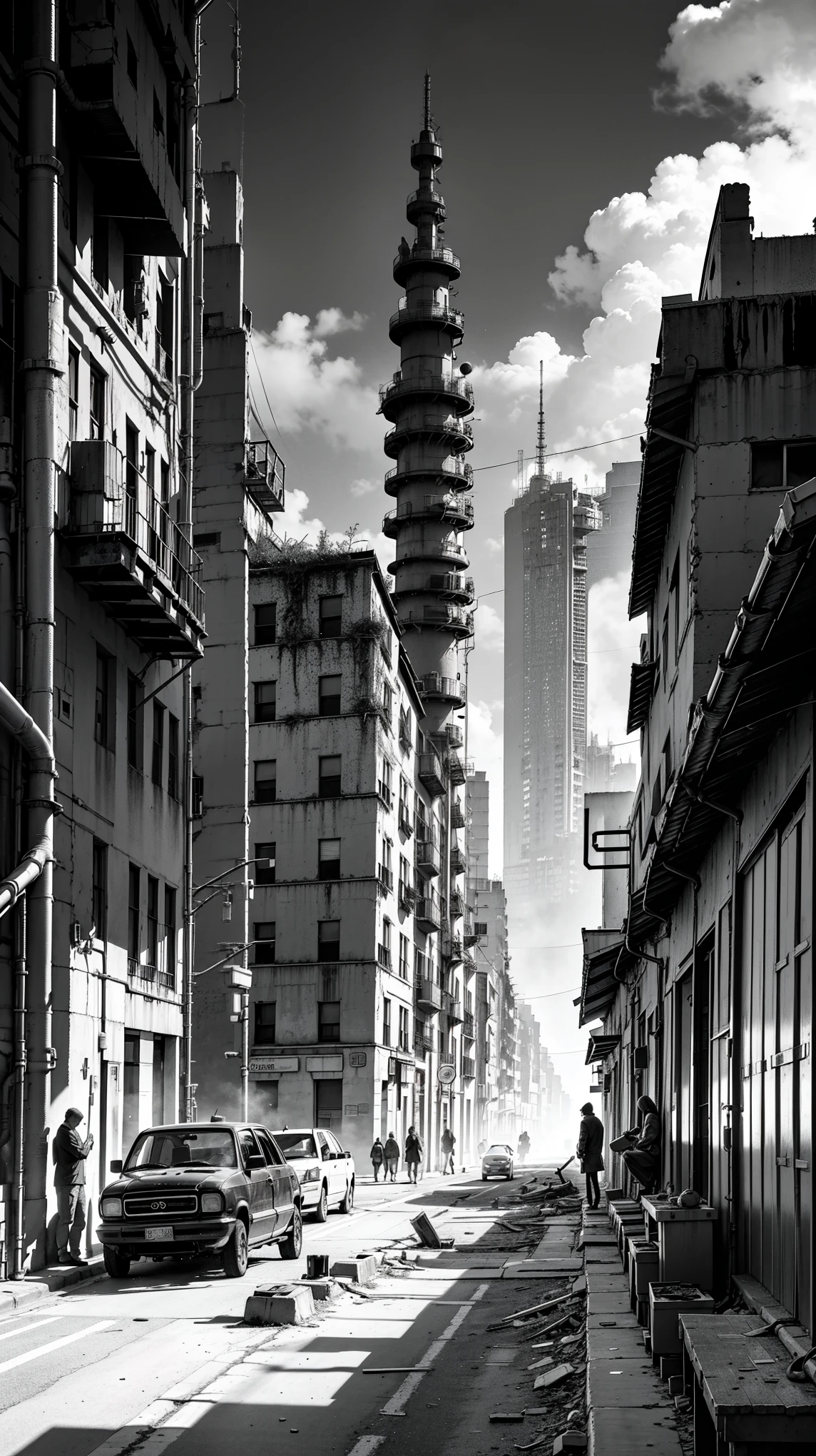 Manga art, ((dramatic))), Create a professional 8K photograph that transports viewers to an abandoned city. Use a high camera angle, capture the grandeur of crumbling structures. Add elements of nature invading the buildings, such as creeping plants and trees growing through the cracks, to convey the feeling of a city consumed by nature. Also add smoke and fire around the city. many building and city structures. greyscale, monochrome, halftone, drawing, manga, the viewer should able to realize the big city of buildings and chaos