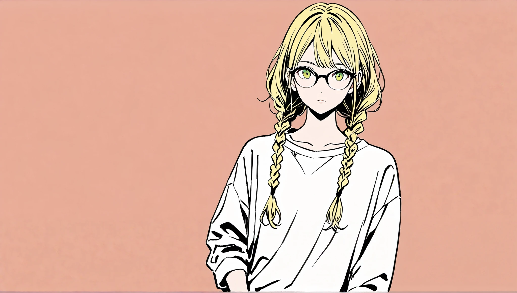 (( place your hands on your hips)),(nuance color)),Glasses、masterpiece, ((( Hair)),((( expressionless )))、Highest quality, Beautiful attention to detail, Very detailed, In detail, High resolution, Perfect Anatomy, , , girl, (one person:1.5), alone, (Long hairstyle with braids),黒縁Glasses、 ( white shirt ), (( simple solid color background))), Background, (City Pop anime), Kyoto Animation, ,anime, Front view、