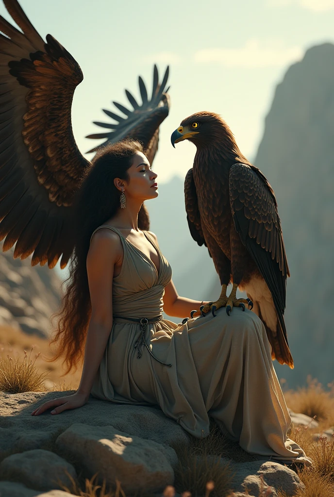 Un ange avec de grande ailles magnifiques. Aves des yeux marrons, des cheveux long marron et qui garde une fille dans ses bras