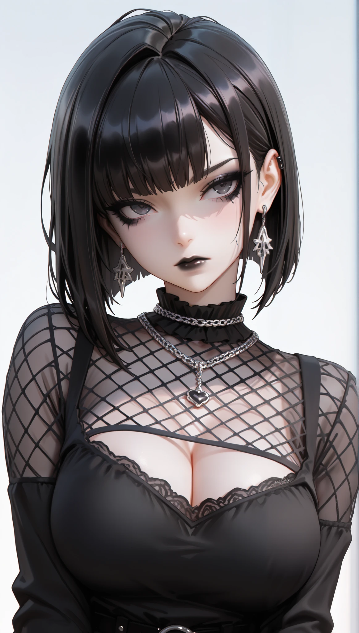 hot goth, black hair, bangs the eyes, white bangs, gothic makeup (best quality, 8K, 32k, masterpiece, Ultra HD:1.2),Photos of beautiful Japanese women, Large Breasts, Super Short Bob Hairstyle,Upper Body,(black mesh blouse, long sleeves, sexy:1.1) necklace, Simple background
