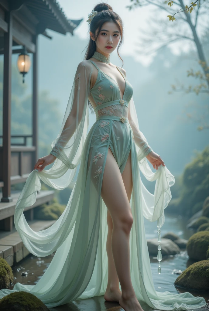 Uma jovem bela arqueira , posando de costas virou-se para o espectador. She is in a secluded enchanted forest and is wearing a transparent silk robe., sexy, cabelo claro