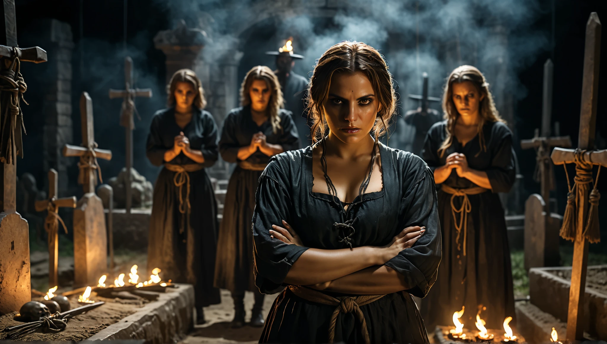 Women accused of witchcraft IN FRONT OF THEIR OWN GRAVES, with their hands tied , The executioner is waiting to execute them, Guilty for bringing the plague to the city, Cinematic background, hyper-realistic, ultra detailed hyper-realistic, photorealistic, Studio lighting , reflections, dynamic pose, Cinematic, Historical accuracy, color grading, photograph, Filmed with 50mm lens, Ultra-wide angle , depth of field , hyper-detailed, Beautifully colored, 8k