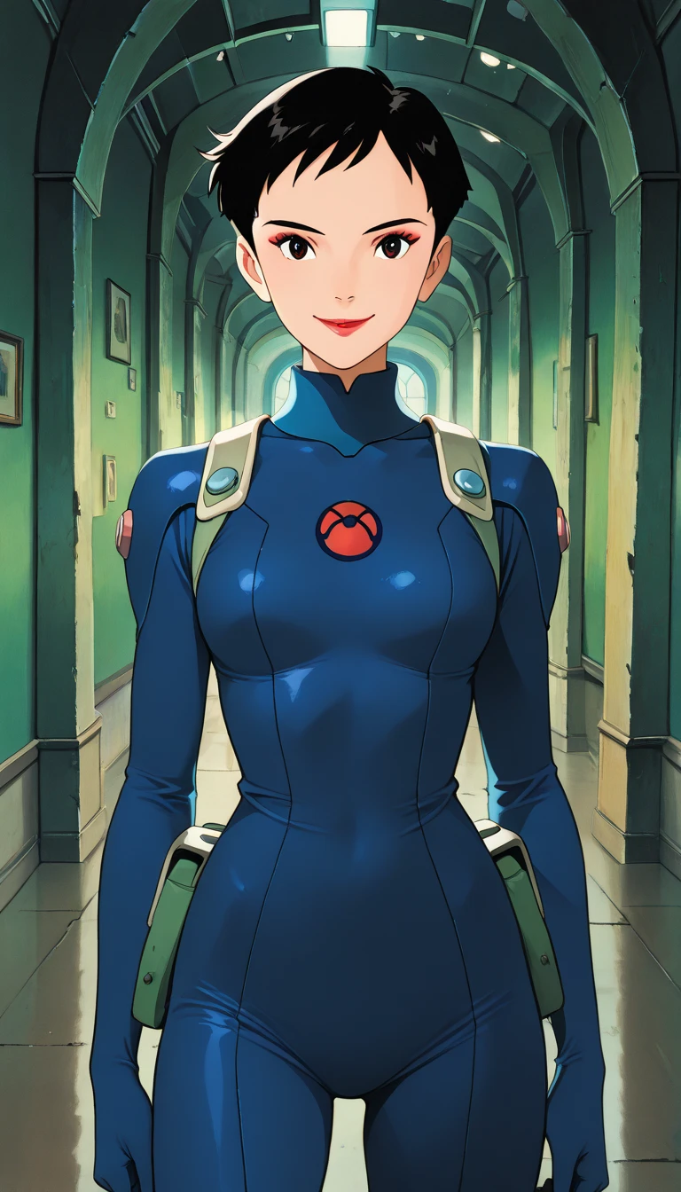 (1girl, xhoneydx), (extremely detailed CG unit 8k wallpaper),(master part), (best quality), (ultra detail), (best illustration),(ghibli_style), cowboy shot, standing, facing viewer, looking at viewer, perfect face, perfect eyes, perfect fingers, (Sharp eyeliner, ombre, detailed eyes:1), traditional media, ghibli landscapes, scenery, indoors, secret base, break , upper body, solo, smile, (very short hair, black hair, lipstick, makeup, blue bodysuit)