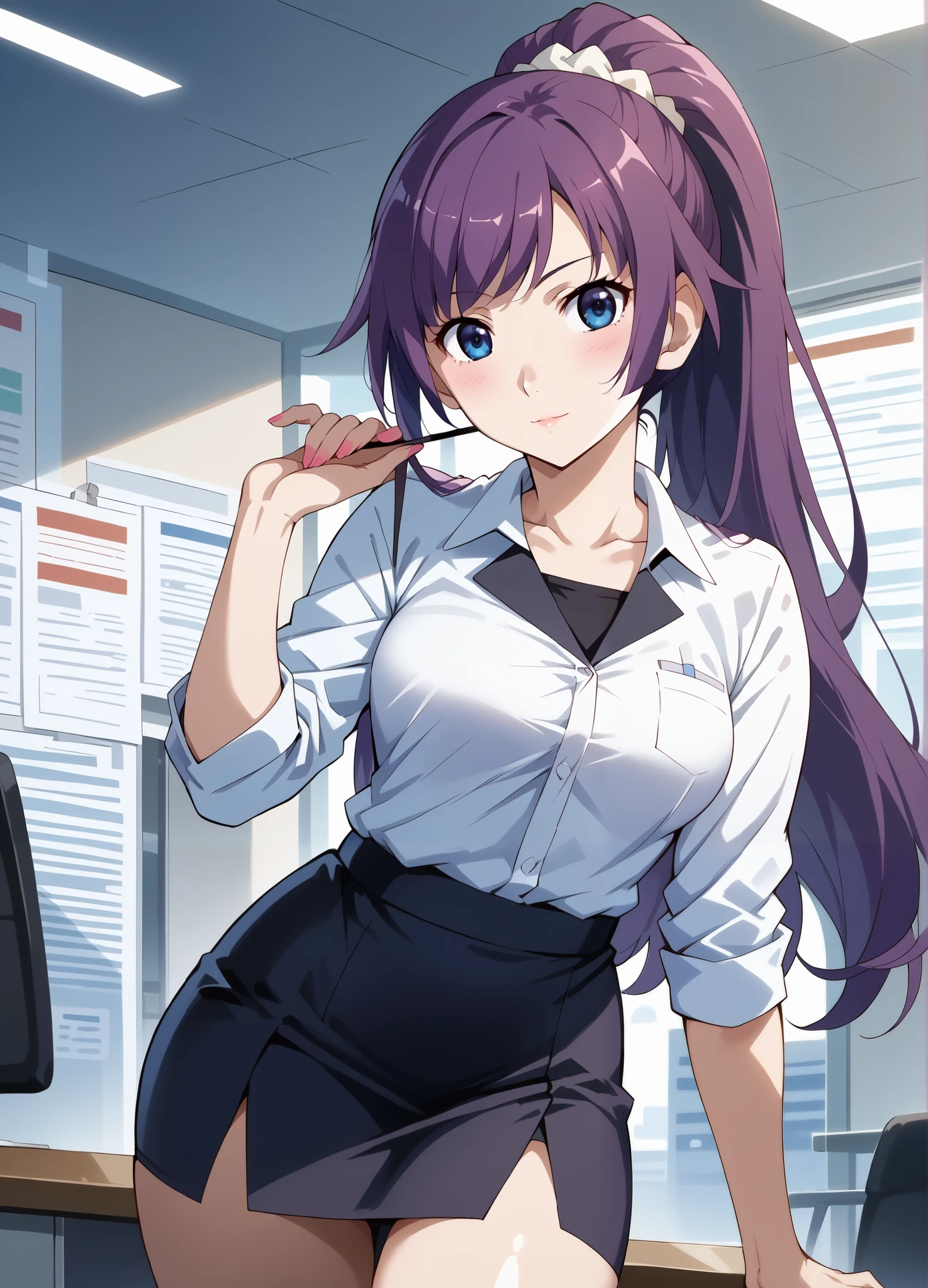 score_9, score_8_up, score_7_up, source_anime, 4K,perfect fingers,(perfect hands, perfect anatomy),prefect lighting, very aesthetic, intricate details,highly detailed background, masterpiece, high quality, best quality,
1girl, hitagisenjougahara, hitagi senjougahara, long hair, bangs, ponytail, sidelocks, scrunchie, blue eyes, purple hair,Large Breast,
wearing (( office lady,Fully dressed, short skirt ,)),,
NSFW,