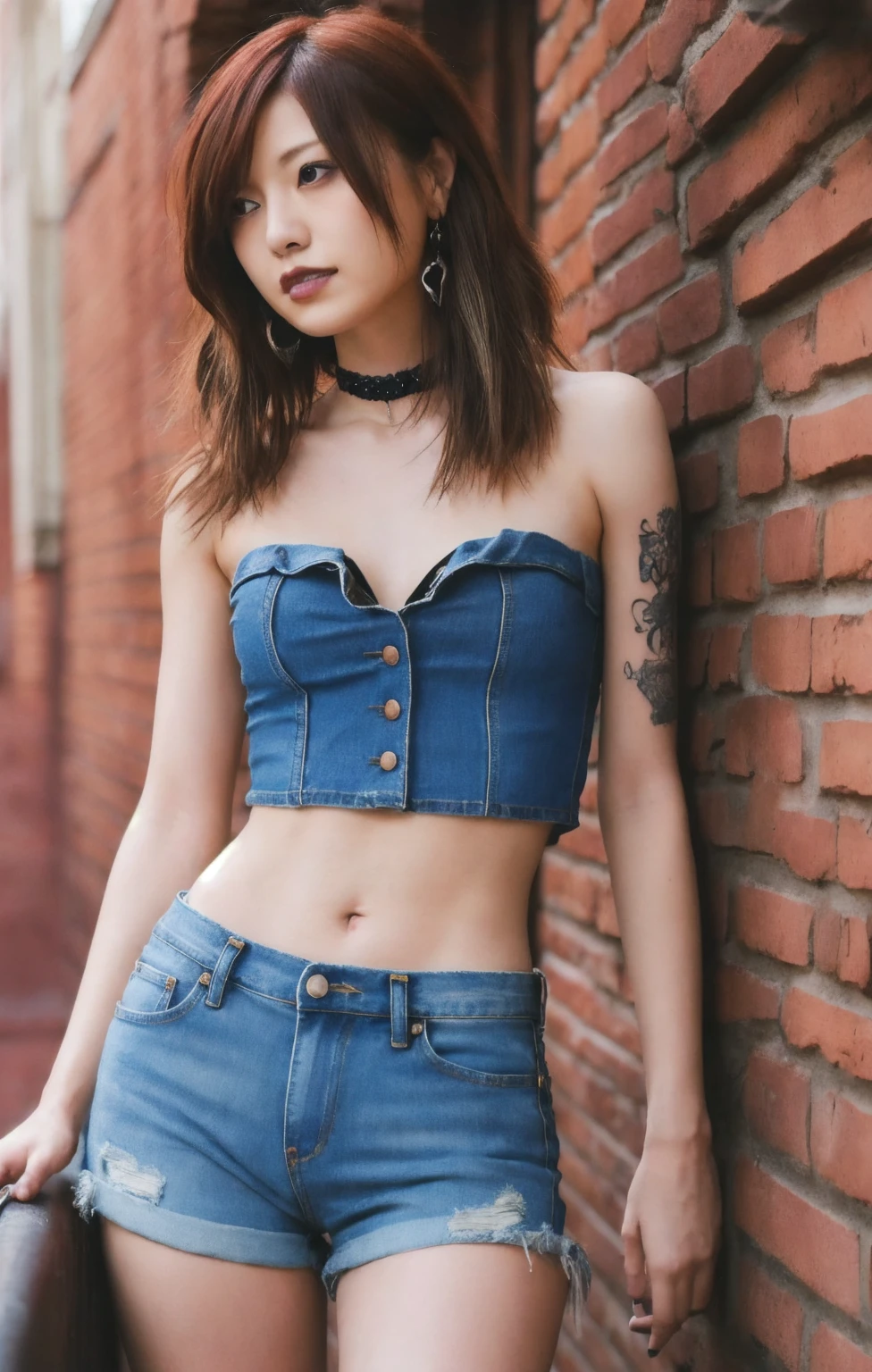Beautiful skinny girl, charming eyes, lipstick, black hair in a ponytail, patterned top and denim shorts, tattoo on the stomach, navel piercing, white skin, great lighting, high quality