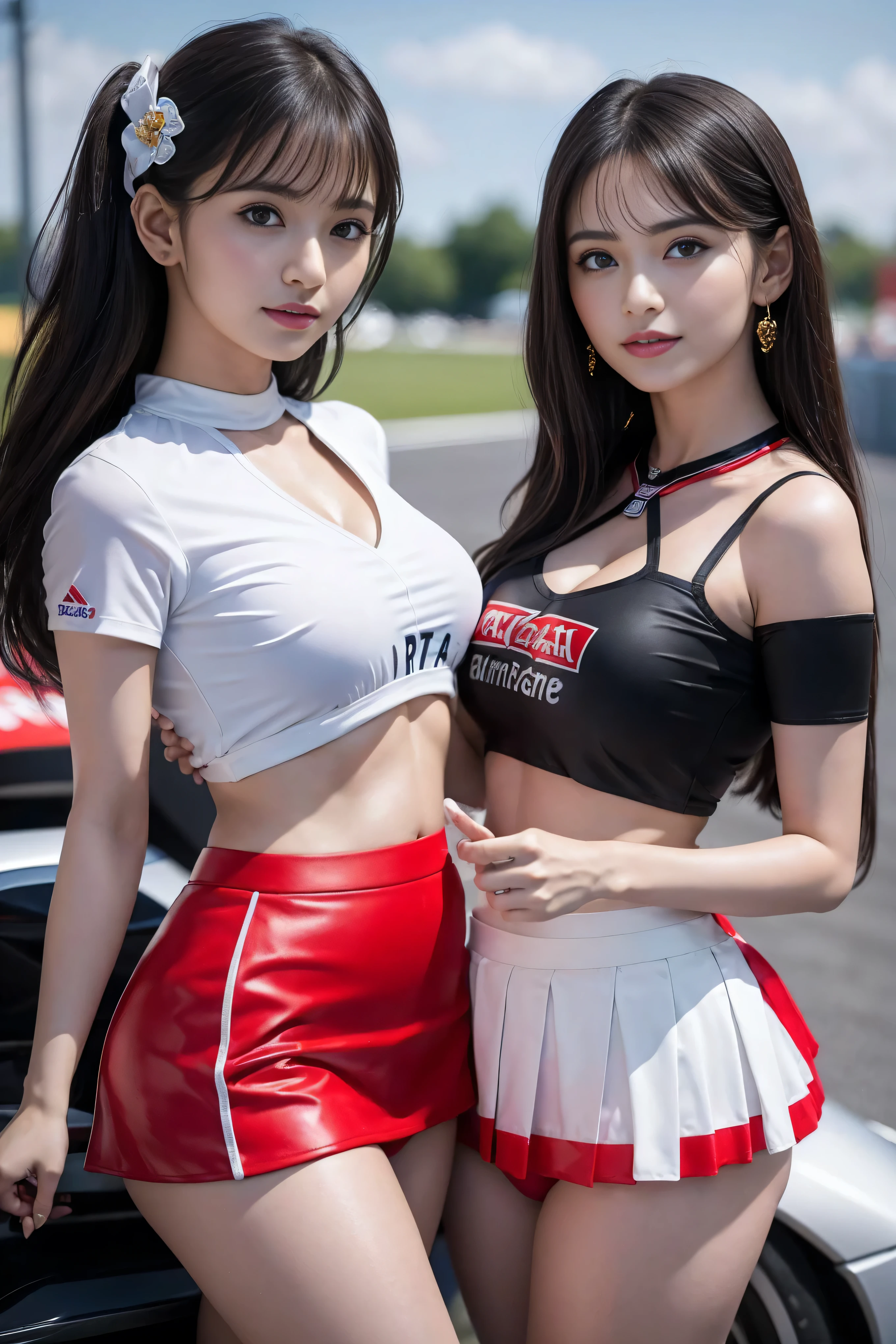 ( Masterpiece), ( MotoGP Racing Girls ), ( eyeliner :0.5),(:0.5), black hair, Baby-faced Japanese 、Big pointed bust 、 with a faint smile, beautiful delicate girl, very elaborate eyes and face, beautiful繊細な目, , ((Event List)), (MotoGP truck background ), ( top quality, high resolution, reality, originals, 8k, Masterpiece, ),((( dynamic pose))),((( center perspective with white panty visible))),((( chest ))),(((Red mini skirt lift))),(((Bare thighs))),(((F1 cars on display))), ( vibrant colors:1.2), ( beautiful), 16-year-old Saito Asuka 、Midsummer blue sky、