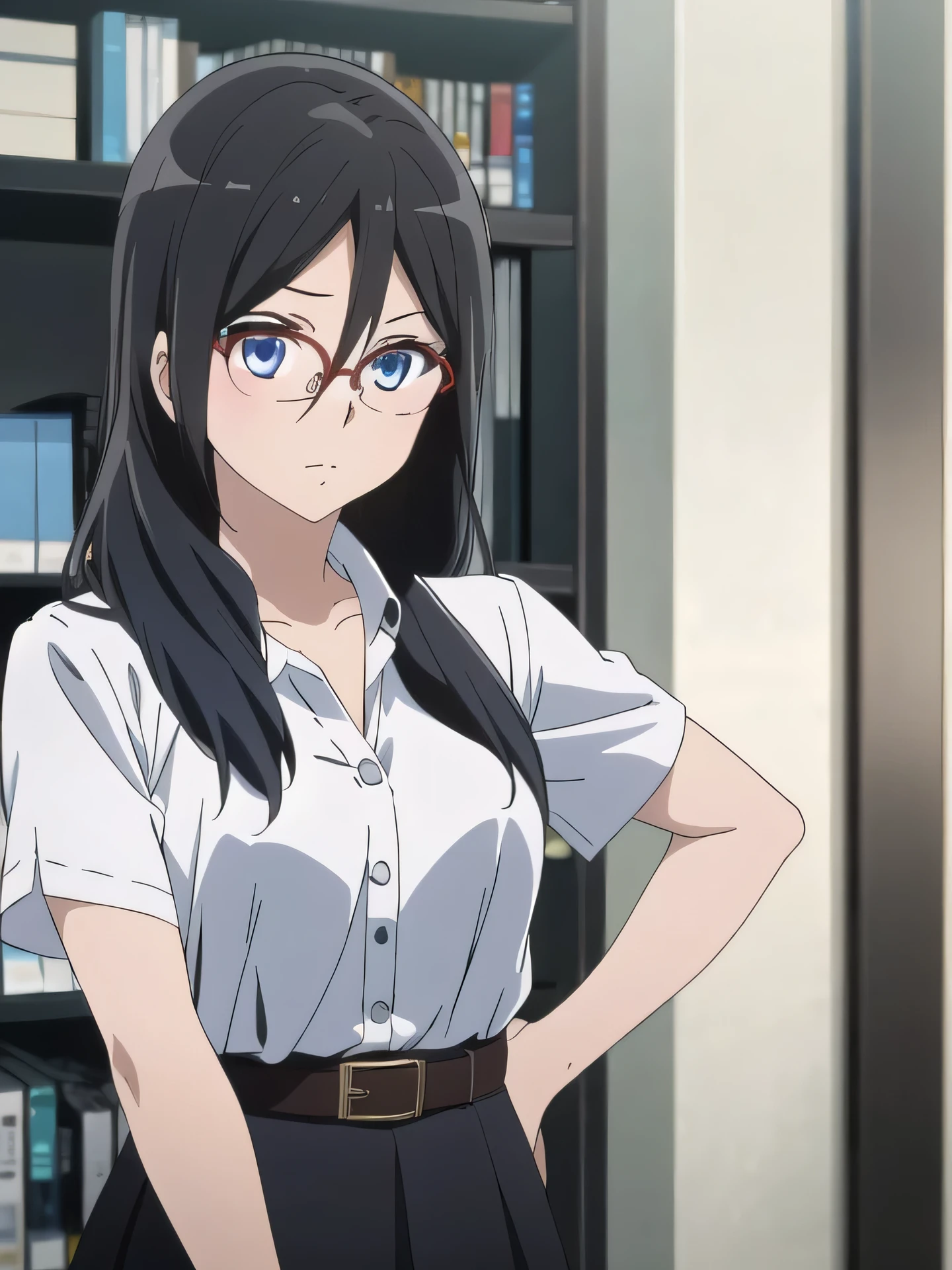  Anatomically_Correct,  alone, Anatomy_ correct ,  1girl, (Asuka_Tanaka:1.0), ((  is highly detailed)),  Masterpiece ,  , fine face , beautiful face ,( detailed eyes , deep eyes), Asuka_Tanaka,  Black hair,   blue eyes  , glasses, Long hair,   Looking at the viewer  , glassesเกินขอบ,   hair between eyes  , smooth, (glassesกึ่งไม่มีขอบ, Red-rimmed glasses:1.5),  Library Backdrop  ,(  White Shirts , Short sleeves ),(( black folded skirt )), (brown_belt), sit ,