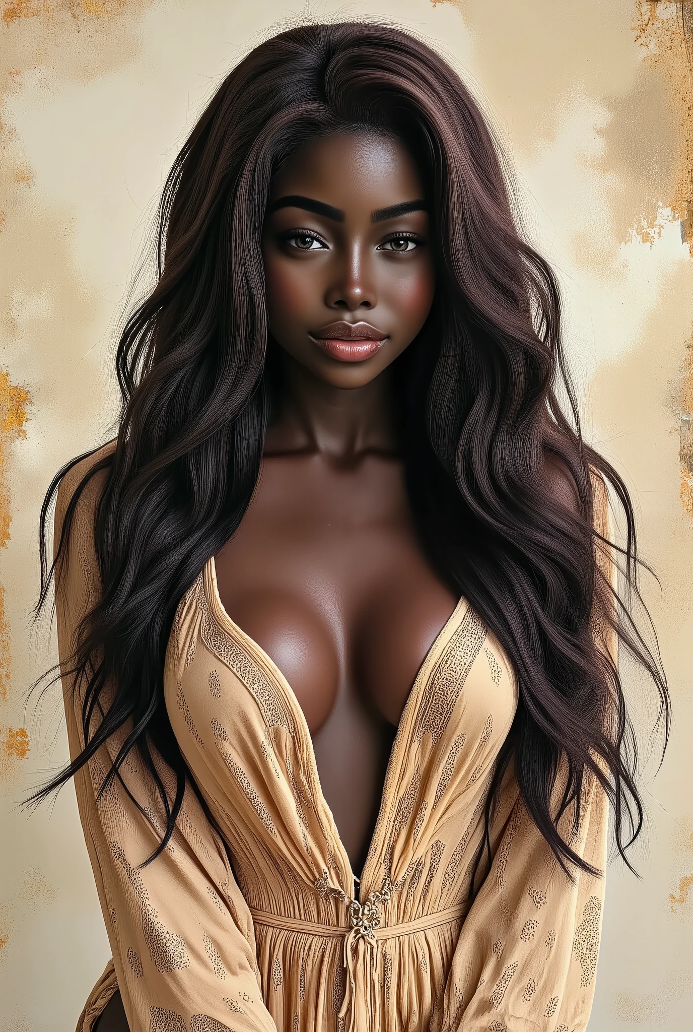 Interpretation of the human female form, full bodyesbian,Beautiful glowing skin, long, Black flowing hair, Modern visual concept art, Inspired by Enoch Boles, John Simmons, ArtGerm, Trending on ArtStation, intricate detailes, 4k 3D concept art, High resolution, masuter piece,