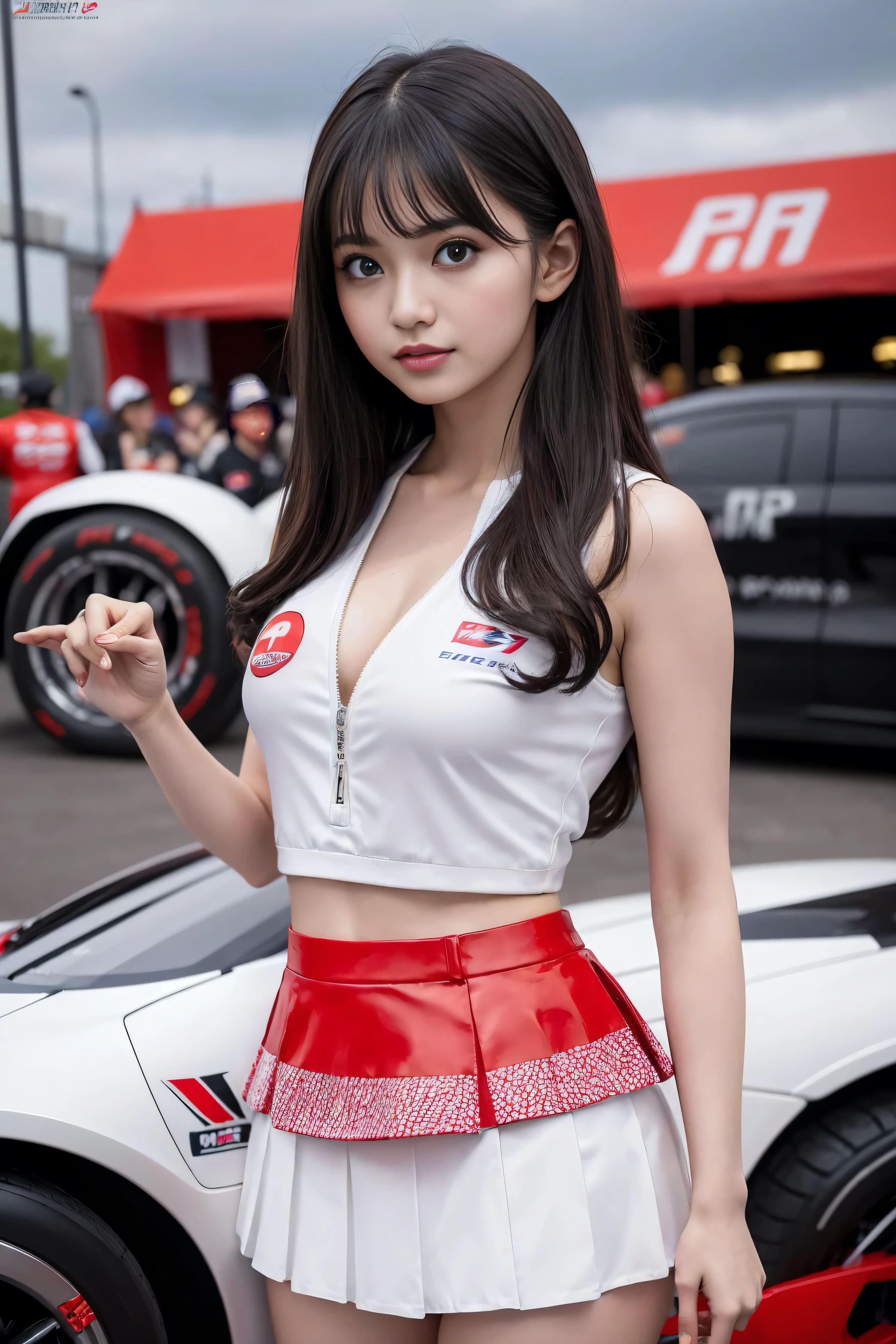 ( Masterpiece), ( MotoGP Racing Girls ), ( eyeliner :0.5),(:0.5), black hair, Baby-faced Japanese 、 with a faint smile, beautiful delicate girl, very elaborate eyes and face, beautiful繊細な目, , ((Event List)), (MotoGP truck background ), ( top quality, high resolution, reality, originals, 8k, Masterpiece, ),((( dynamic pose))),((( center perspective with white panty visible))),((( chest ))),(((Red mini skirt lift))),(((Bare thighs))),(((F1 cars on display))), ( vibrant colors:1.2), ( beautiful), 16-year-old Saito Asuka 、