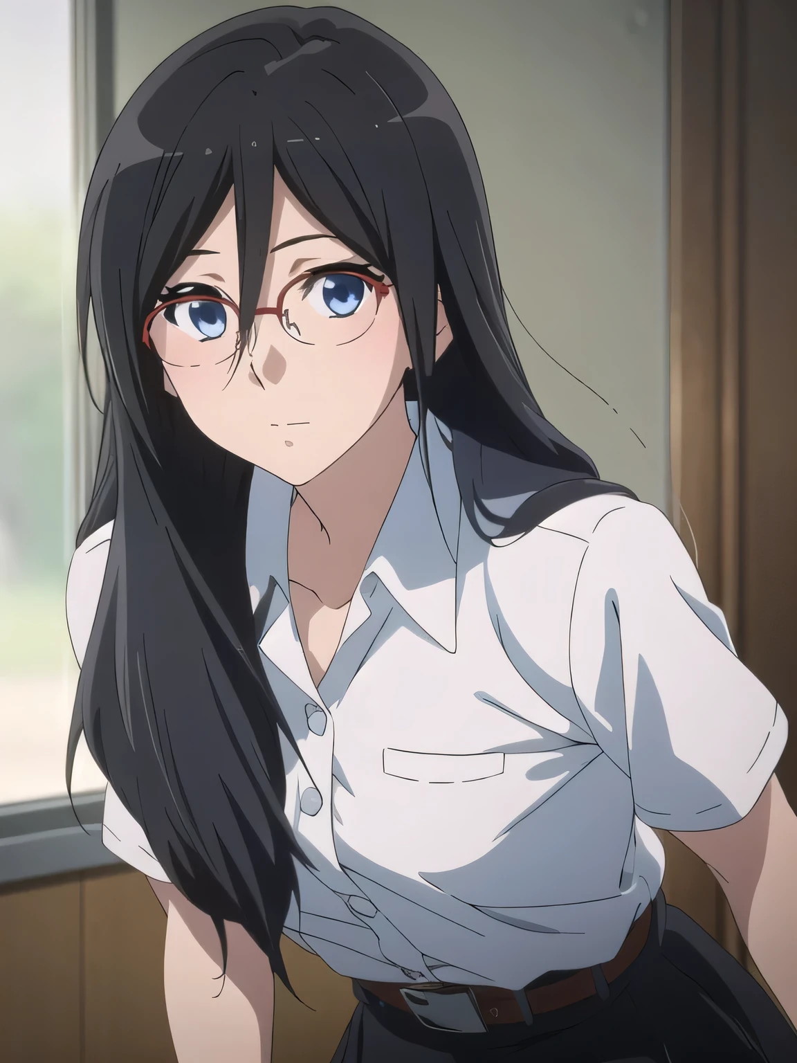  Anatomically_Correct,  alone, Anatomy_ correct ,  1girl, (Asuka_Tanaka:1.0), ((  is highly detailed)),  Masterpiece ,  , fine face , beautiful face ,( detailed eyes), Asuka_Tanaka,  Black hair,   blue eyes  , glasses, Long hair,   Looking at the viewer  , glassesเกินขอบ,   hair between eyes  , smooth, (glassesกึ่งไม่มีขอบ, Red-rimmed glasses:1.5),  Library Backdrop  ,(  White Shirts , Short sleeves ),(( black folded skirt )), (brown_belt), sit ,