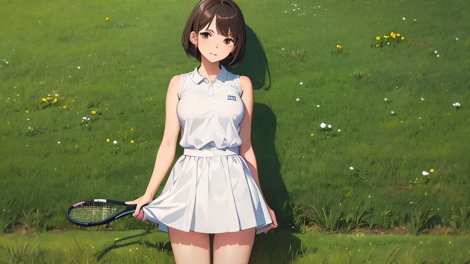 whole body, delicate facial features, medium tits, medium hair, black hair, tearful mole, earring, golf uniform, outdoor,