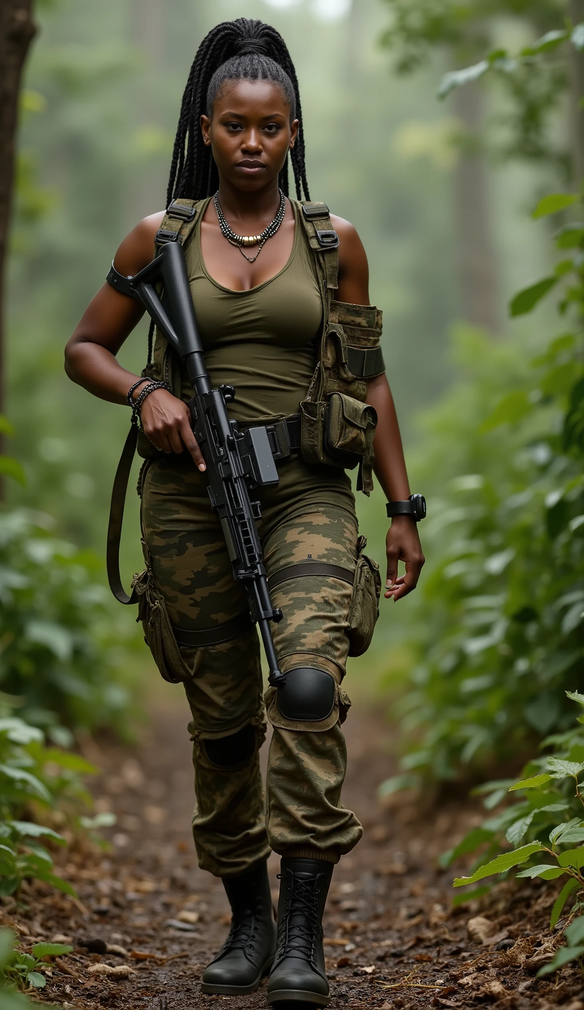 "A beautiful, sexy, big boobs 20-year-old South African woman, with dark skin and long dreadlocks tied up, is a mercenary. She has a fit and curvy body, carrying a cool and serious expression. She is dressed in a tactical camouflage outfit designed for tropical forest combat. She holds a black-market rifle, ready for action. The background shows a tropical forest battlefield, with dense trees and an intense atmosphere of combat. She is walking confidently in a 3/4 body pose, prepared for the mission ahead in the heart of the jungle.