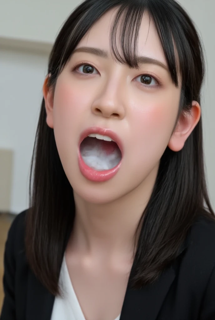 The high resolution photograph of a young Japanese female idol, solo, 1girl, wearing a off-shoulder dress, face focus, close-up of face, looking at the camera, pale skin, detailed face, detailed eyes, seductive eyes, natural make-up,
(open mouth, cum in mouth after blowjob, drooling cum), indoors, 