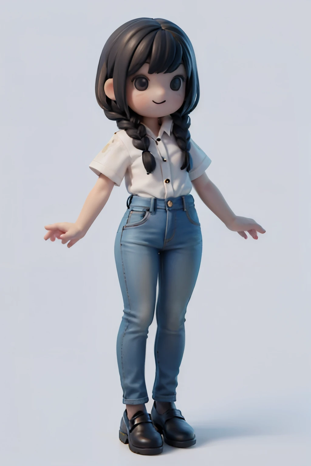 1girl smiling, ((black)) hair, braids, white short sleeves button shirt, pants, stand up, front view, full body, no background