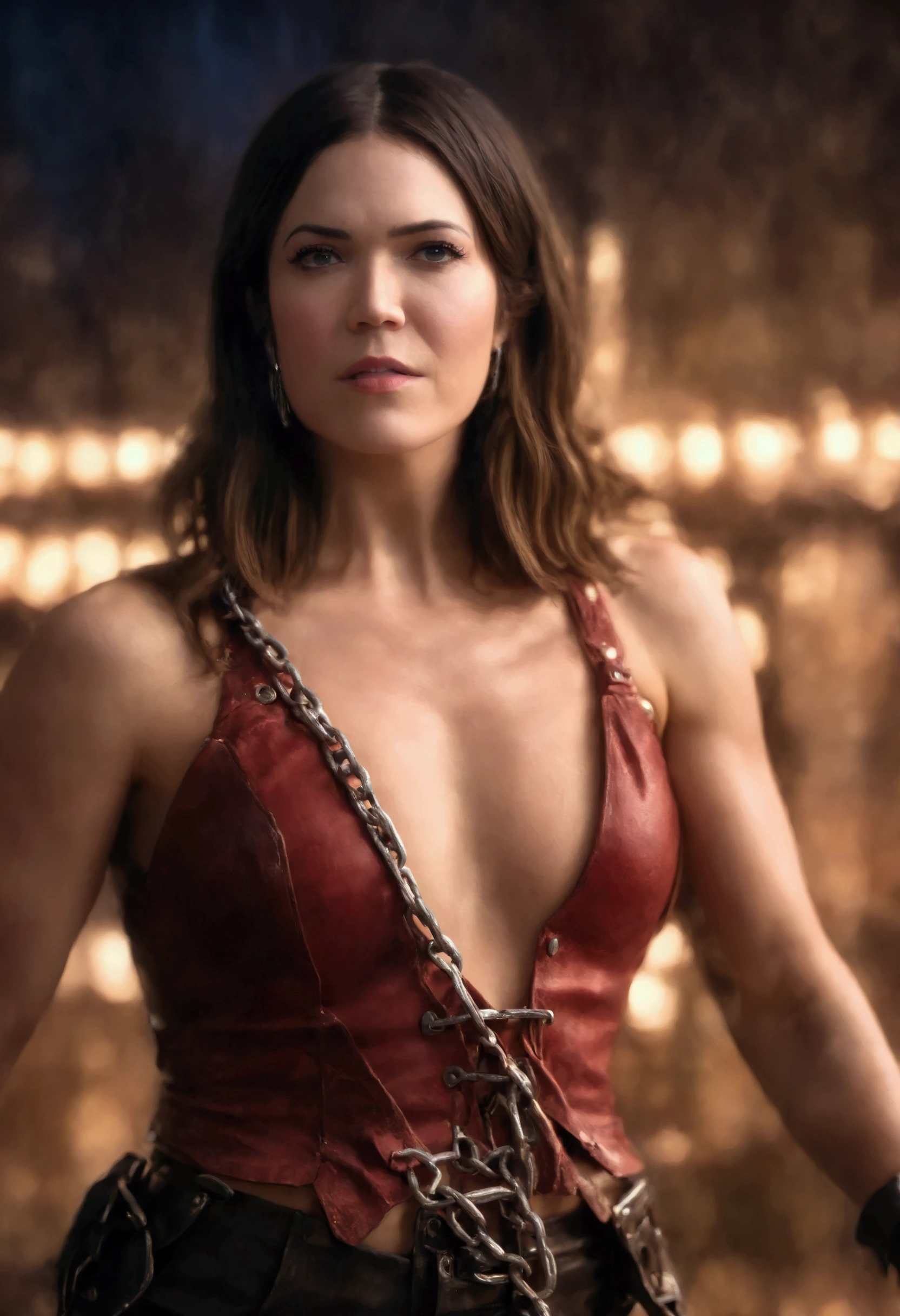 best quality, highres, 8k, masterpiece, photography, detailed midbody photorealistic portrait. Iron Fortitude calls forth Mandy Moore's inner queen of chains. Wearing a crimson leather bustier and matching shorts, she adorns herself with heavy iron cuffs and collars, chaining her victims to the walls. Her dark bob frames her face as she commands obedience with her piercing gaze. 40 years old, (real skin texture: 1.3), (slender figure: 1.1), six-pack abs, (Immersive Ambience, Chiaroscuro: 1.5, Dim Light: 1.2, Glow Lighting), (Bokeh: 1.5), Blurred, high contrast, (Fuji colours: 1.5), film grain