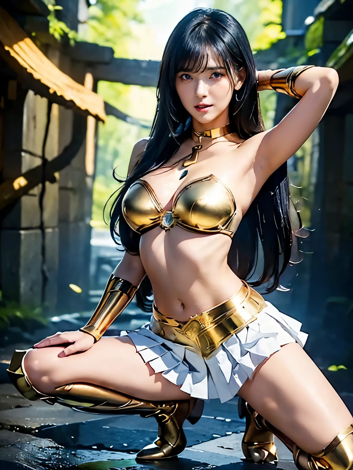 Professional , masterpiece、top-quality、photos realistic , 、top-quality、超A high resolution、(Photorealsitic:1.4)、Raw photo、depth of fields (Gemstone Gold Metal Body:1.9),(Matte White、Toostock、cleavage of the breast、(cleavage of the breast)、(((Micro Bikini Armor))),(Detailed Dragon Armor)、(Have the strongest weapon)、((Random Hairstyles 1.6),Dark Fantasy,)explosions、intense fighting、(Precipitous cliffs),Dragon Gold Weapon,Mystical expression、Particles of light、Fight dragons、(Detailed Dragon Helmet),Gorgeous Silver Weapons ,(( Dragon's dense and gorgeous sword)) , Beautiful knife ,warhammer 40k ,Detail and gorgeous crown、((Blue hair))、(Castle background)、、((Gangle's forest background))、Beautiful Caucasian beauty、1a person、dynamic ungle,(((With detailed shielding)))、Smaller head、A smile、Castle background、Thin and beautiful female hands、cleavage of the breast、Soldier in iron armor on background、Mystical expression、Light Effects、intense fighting、Wind-effect、magic circles、With the legendary magic wand、(demonic wings)、Toostock、