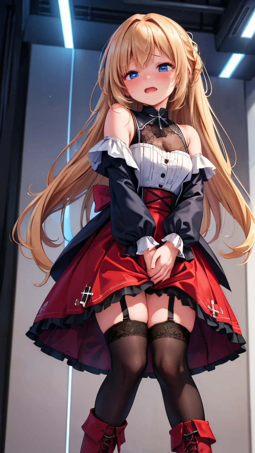 ((2D Beautiful Girl、top-quality: 1.2、perfect fingers: 1.2、perfect anatomia: 1.1、Perfect outfit、face perfect: 1.1、Beautiful illustration))、(Transformation Sequence)、14years、a junior high school student、Solio、A Princess、Fractal Art、a baby face、((stright long hair))、(Slurry legs)、Large sagging eyes:1.1、(1人)、red blush、uptight、Canine ears、dress room、Corset with frills、(leotard:1.5)、is standing、long-sleeve、Pretty decorative headband、