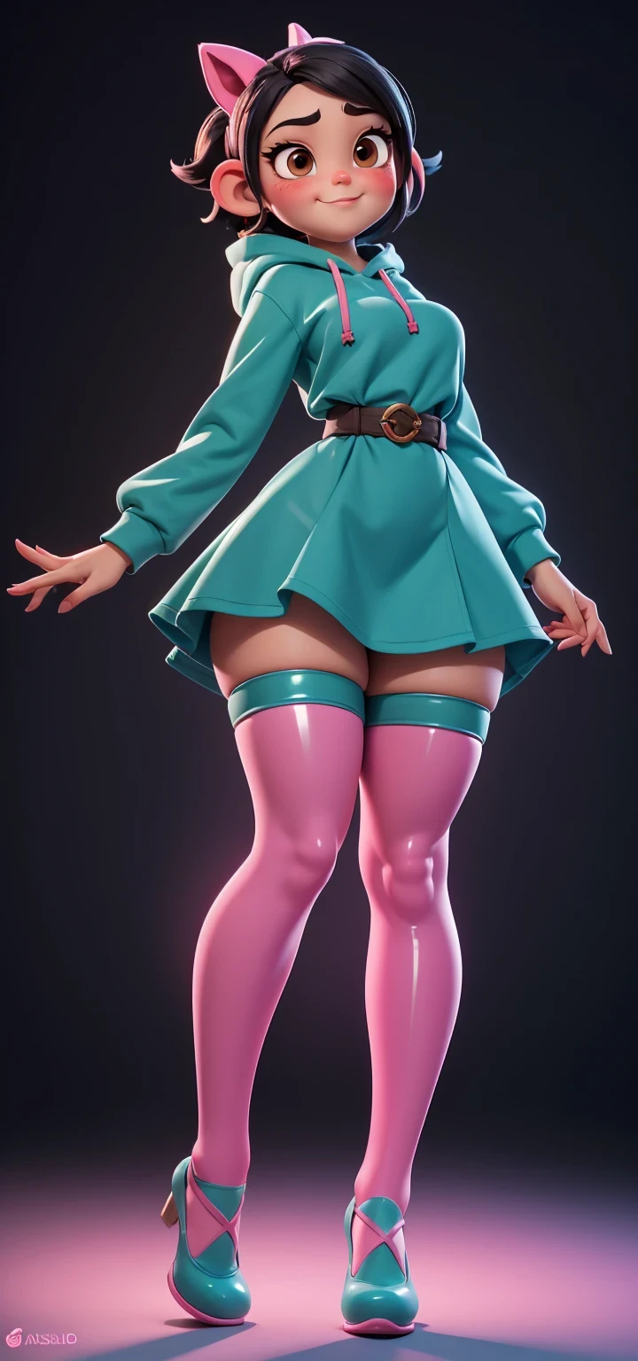 Full body view, adult, (best quality:1.4),(shiny skin), body focus, (cute face), (((best quality))), illustration, adult, full body view, ((Beautiful Finger)), , Beautiful body, Beautiful character design, ,perfect lighting, Colorful, Bright_Front_face_Lighting, ultra high res, highres, absurdres:1.2, bokeh:1.2, lens flare, huge breasts, tall, long curvy legs, stockings,(vibrant_color:1.2), , (thick thighs:1.3), THICK, Black hair with colored sprinkles, red stockings, teal hoodie, large brown eyes,perfect ears, pink blush on cheeks, content expression, skirt, adult Vanellope von Schweetz, 30 years old. From below