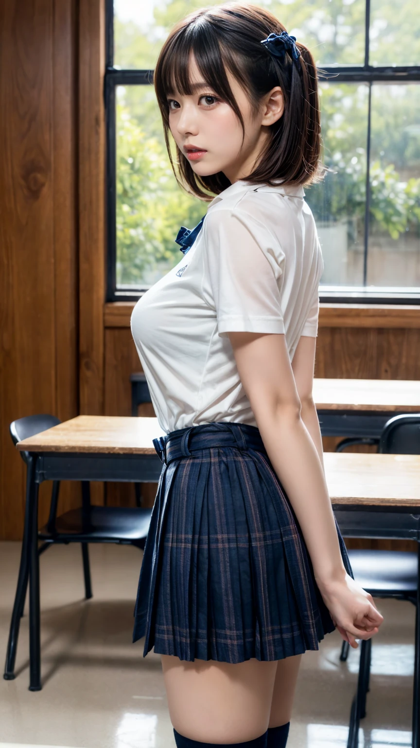 ((masutepiece, Best Quality, hight resolution, nffsw, Perfect Pixel, 4K)), 1girl in, Single, Solo, Beautie、full body seen、 ((Short Wave Hair, Bangs, Brown hair)), ((Brown-eyed, Beautiful eyelashes, Realistic eyes)), ((Detailed face, Blushing:1.2)), ((Smooth texture:0.75, Realistic texture:0.65, Photorealistic:1.1, Anime CG style)), medium breasts, Dynamic Angle, Perfect body, ((red bowtie, , , White shirt, Black skirt, plaid skirts))、school classrooms、early evening、Shy laughter、Angle looking up from below、sit a chair、 (The wind pulled up my skirt、Touch the skirt with both hands、、You can see all the buttocks、White floral panties)、
