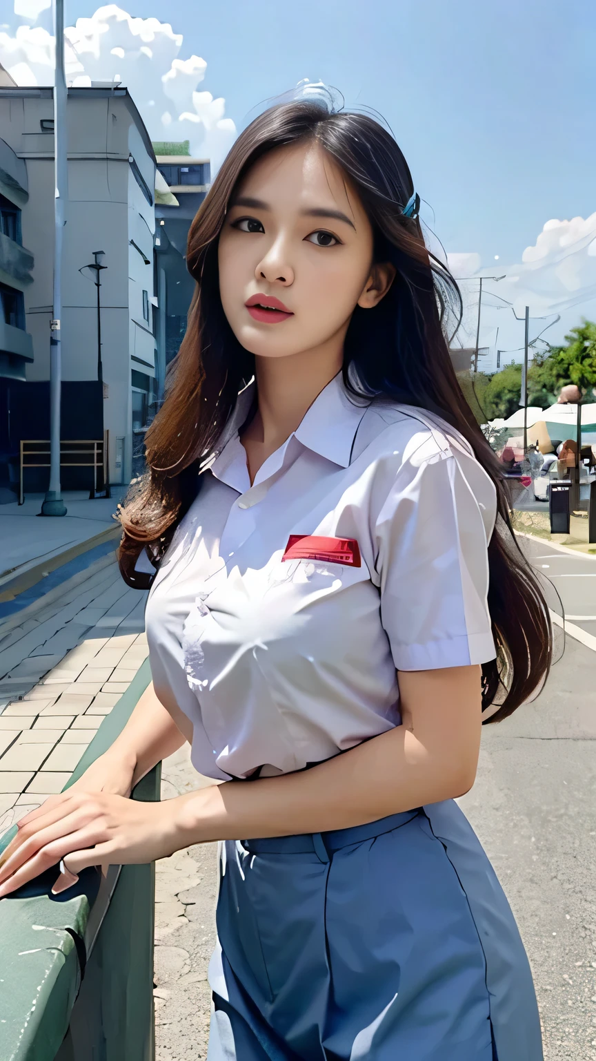 masterpiece,((ligne claire)), limited palette,best quality, flat color, low contrast, ((1girl)),(((an extremelydelicateandbeautifulgirl))),(beautiful detailed face),(beautiful detailed eyes),{long hair},hair ornamen,((middle breasts)),long black hair,hair ribbon,school uniform , standing,((looking at viewer:1.6)), view from below,beautiful detailed sky,bright sky,cloudy sky,sunlight, (detailedlight),lighting,colorful,ocean,beach, bridge,way to school,sky scraper, autumn, haze