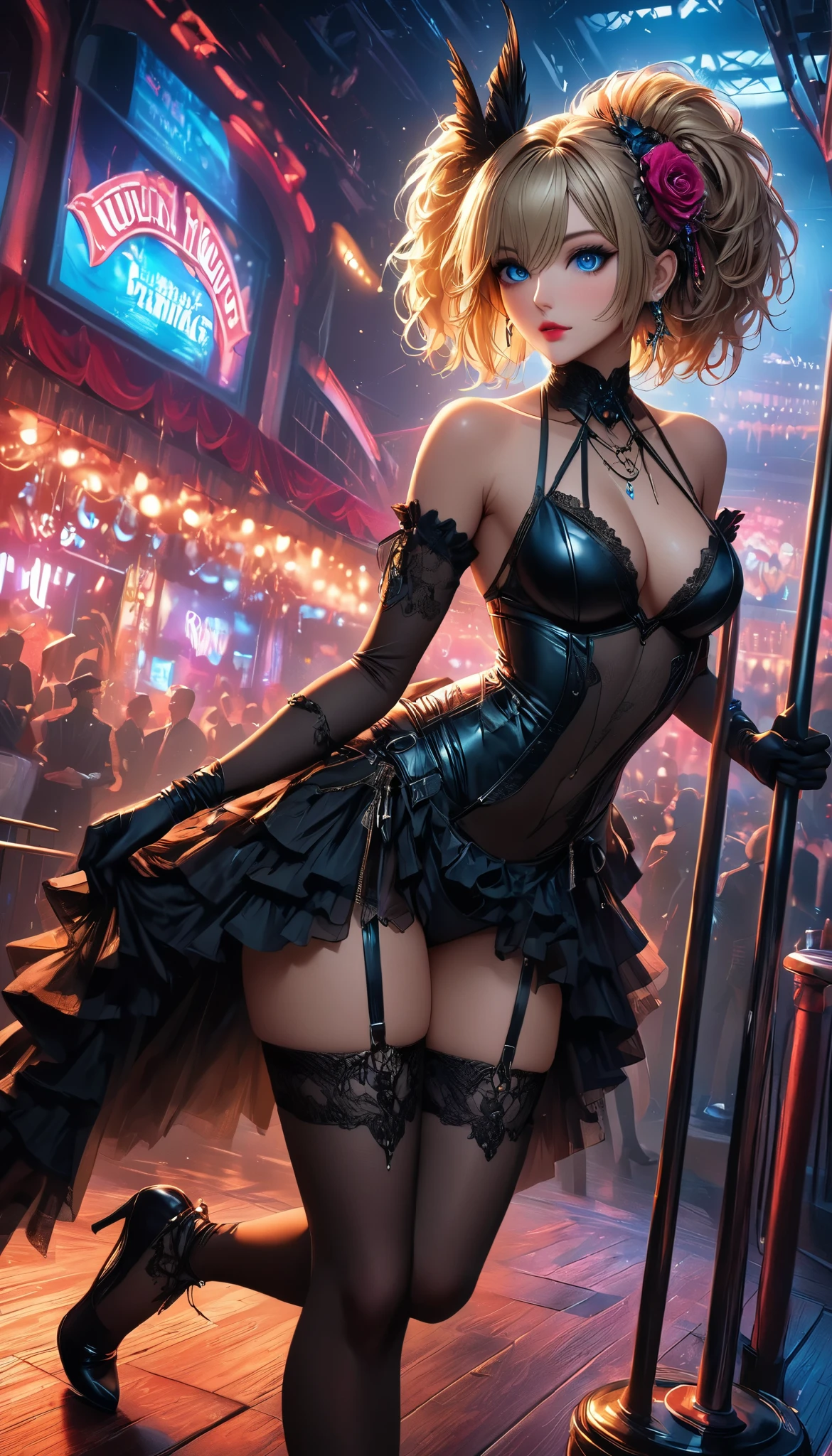 a beautiful, busty, redhead, (bunnysuit, bunny ears headband, black lace thong, Fishnet Stockingull body shot, back to viewer, looking over shoulder, high heeloody background, dark, nightclub, strip_club_venue, crowds, female strippers in background, men watching redhead)