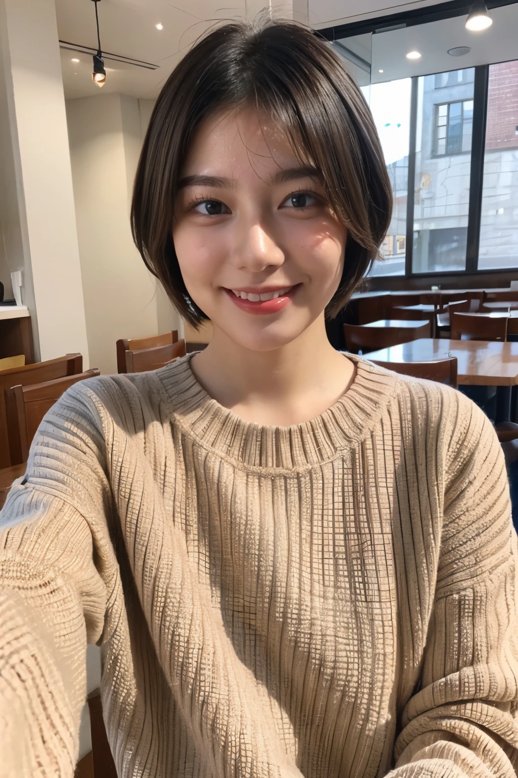 (masterpiece:1.2, Best Quality),,Anatomically perfect、 simple background、Winter clothes、20yo、Cafe、shortcut hair、smile、 Cute Hairstyle