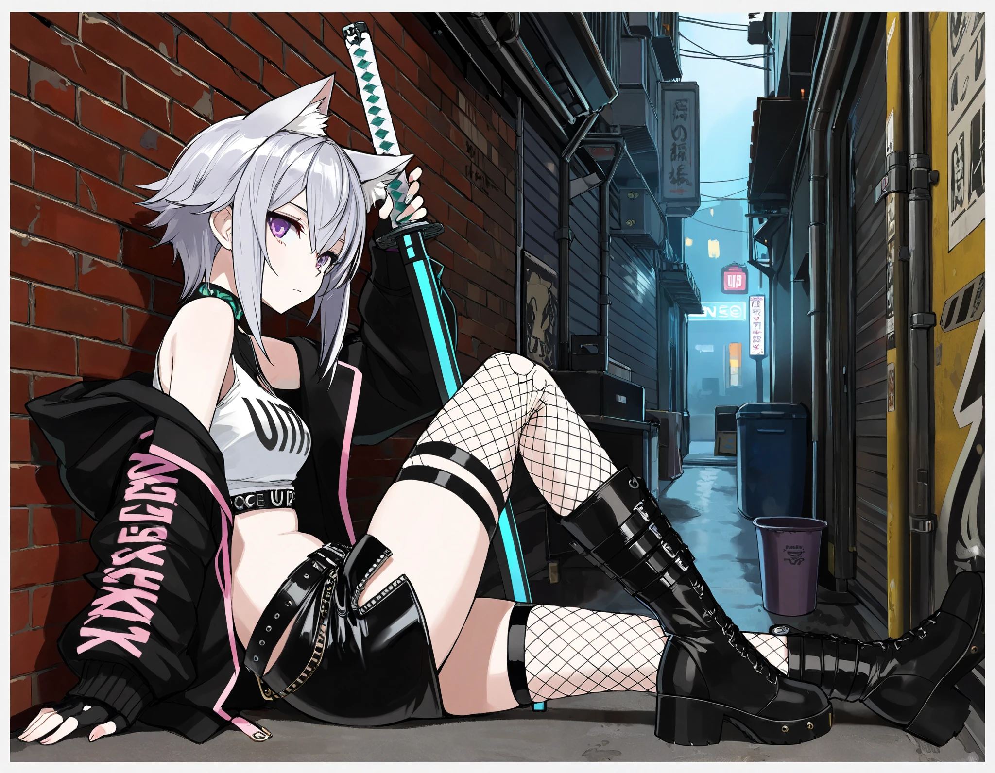 (best quality, highest quality:1.2), masterpiece, top quality, ultra high definition, rich contrasts, HD,8k, High Definition CG Unit Wallpaper, texture , Unbelievably Absurd, ultra high definition, RAW photos ,Deep border 1 .2, very detailed, ((from side, very wide shot)),
weapon, sheathed katana:1.5, perfect katana, Sitting one's knees up, spread legs, night back alley, Leaning against a cyber wall,
(girl:1.3), 1girl, solo, (purple silver middle hair, cat ears, purple eye, White crop top, put on a off shoulder black open hoodie, black slit skirt, leather belt, fingerless gloves, thigh strap, single thighhigh, torn thighhigh, fishnet thighhigh, knee high boots, katana), cyber punk, dim body, curvy, no curves, narrow hips, Expressionless,