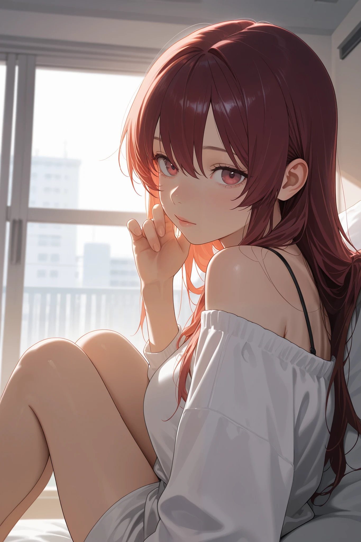 white t-shirt, boots, absurdres, RAW photo, extremely delicate and beautiful, masterpiece, Best Quality, ultra high resolution, 32k, hyperrealistic, ultra-detailed, detailed description, pale skin, 20 years old, tearful mole, earring, short medium hair, wavy hair, whole body shot, legs, Redhead, Red eyes, 