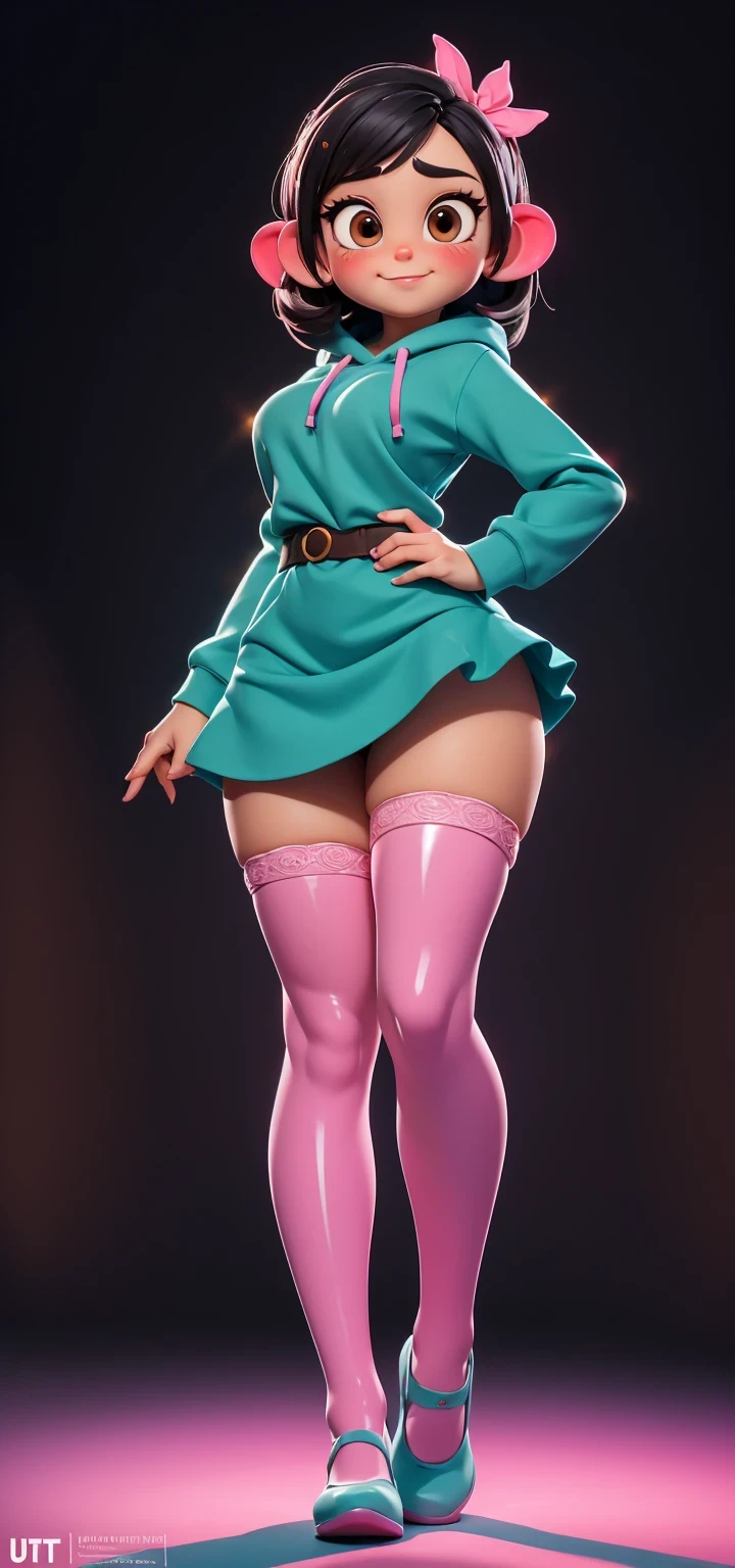 Full body view, adult, (best quality:1.4),(shiny skin), body focus, (cute face), (((best quality))), illustration, adult, full body view,  ((Beautiful Finger)), , Beautiful body, Beautiful character design, ,perfect lighting, Colorful, Bright_Front_face_Lighting, ultra high res, highres, absurdres:1.2, bokeh:1.2, lens flare, huge breasts, tall, long curvy legs, stockings,(vibrant_color:1.2), , (thick thighs:1.3), THICK, Black hair with colored sprinkles, red stockings, teal hoodie, large brown eyes,perfect ears, pink blush on cheeks, content expression, skirt, adult Vanellope von Schweetz, 30 years  old. From below