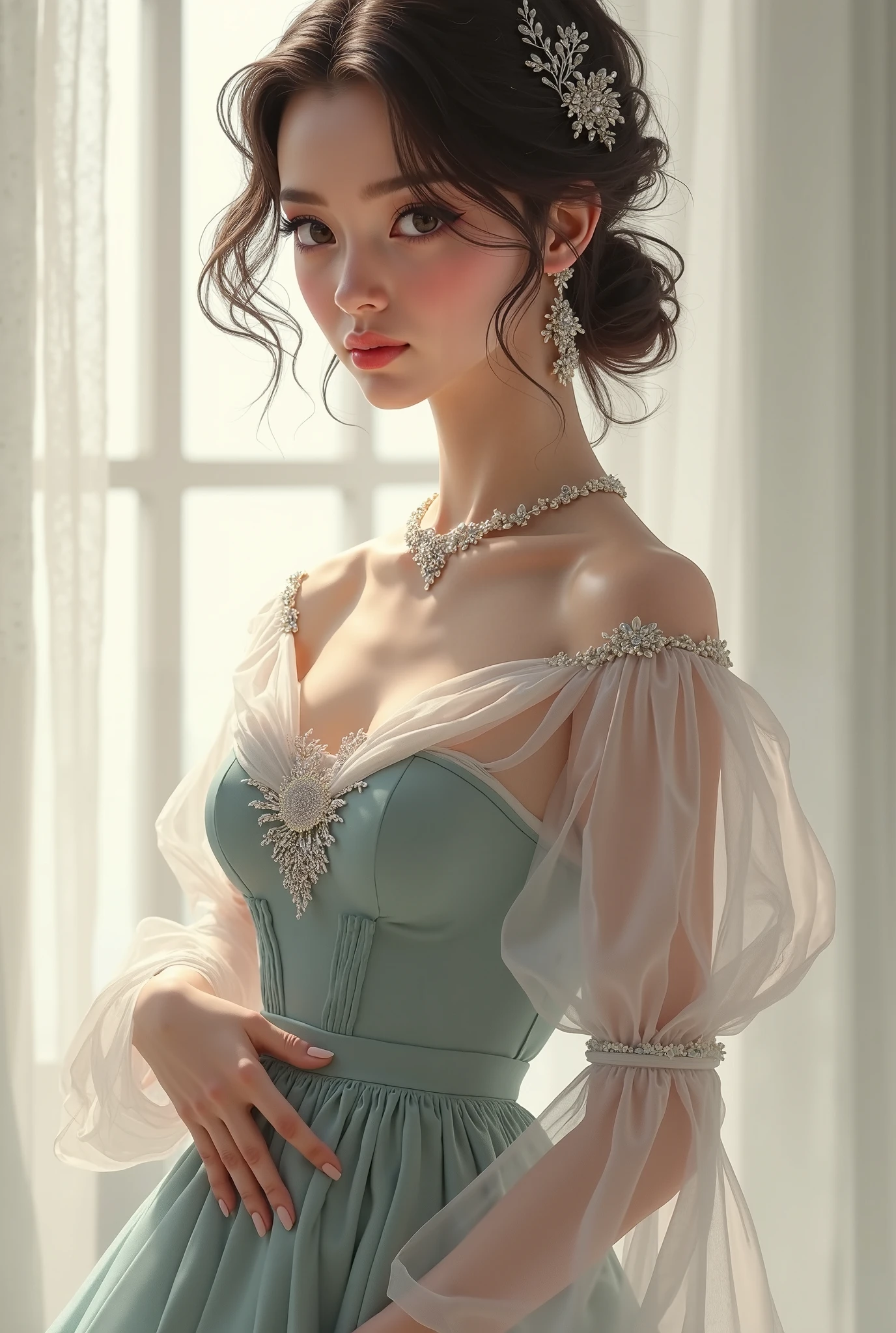a close up of a drawing of a woman in a blue dress,Wearing flowers on his head, dreamy dress, beautiful aesthetic, magical dress, dreamy aesthetic, fantasyoutfit, ethereal details, Dreamy style, Tumblr, Rococo dress, fantasy aesthetic!, wearing organza gown, blue soft details, Dreamy and ethereal, Ethereal and dreamy, author:Emma Andievska, ethereal fairytale