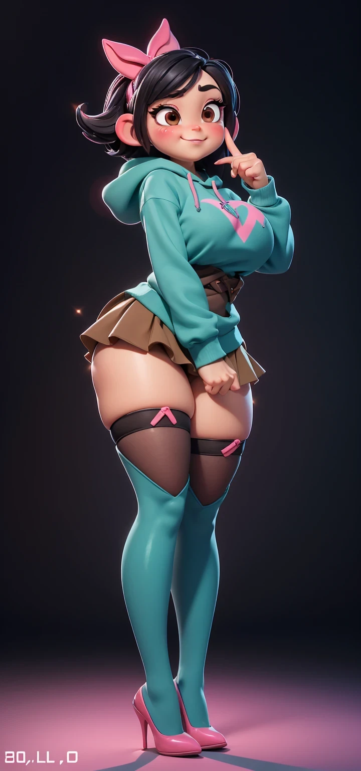 Full body view, adult, (best quality:1.4),(shiny skin), body focus, (cute face), (((best quality))), illustration, adult, full body view, ((Beautiful Finger)), , Beautiful body, Beautiful character design, ,perfect lighting, Colorful, Bright_Front_face_Lighting, ultra high res, highres, absurdres:1.2, bokeh:1.2, lens flare, huge breasts, tall, long curvy legs, stockings,(vibrant_color:1.2), , (thick thighs:1.3), THICK, Black hair with colored sprinkles, red stockings, teal hoodie, large brown eyes,perfect ears, pink blush on cheeks, content expression, skirt, adult Vanellope von Schweetz, 30 years old. From below