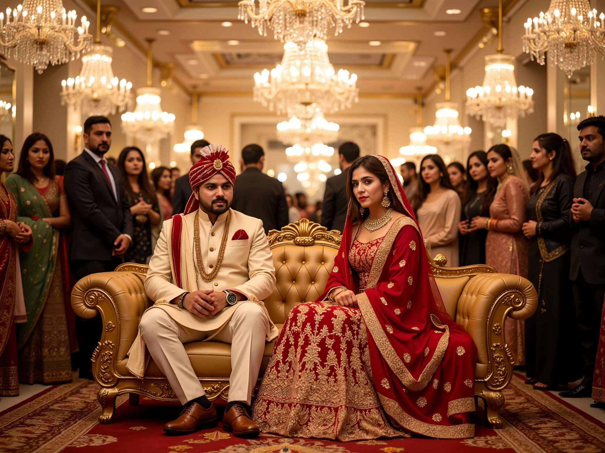 A captivating, glamorous, and traditional portrait of a Pakistani wedding, captured in a 4K, high-resolution, HDR image. The bride and groom are elegantly seated on a richly decorated golden couch with intricate floral patterns, surrounded by a queue of beautifully dressed guests adhering to the customs of the region. The bride, in a red and gold lehenga, is admired for her natural beauty, grace, and traditional jewelry, while the groom, in a cream shalwar kameez adorned with a red dupatta, exudes a sense of timeless dignity. The atmosphere is electrifying with grandeur brought about by enormous crystal chandeliers, warm golden lighting, and lush, vibrant flowers. The background showcases a beautifully decorated wedding hall amidst the celebratory crowd, where every guest remains absorbed in the joyous moment, eagerly awaiting their chance to greet the newlyweds. The focus remains intentionally on the unseen observant who is soaking in the breathtaking cultural spectacle that reflects a mix of vintage, regal, and modern Pakistani wedding aesthetics.