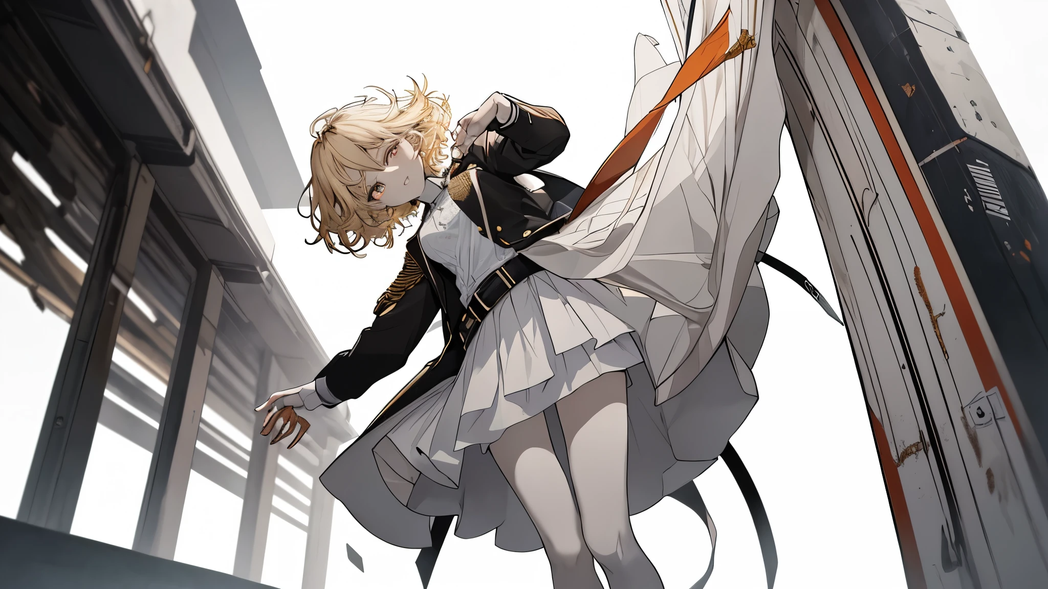 ( SUPER SEXY POSES :1.2), ( look up from below :1.2), full body, underbelt white dress military uniform, Black Haired Head ,( Masterpiece:1.2, top quality), (Beautiful, meticulous eyes: 1.2), ( with each ), High Contrast , ( Best Illuminated , very delicate and beautiful), (( Cinematic Light )), Dramatic light, complicated details, dark orange eyes , Eyeliner, short, small breasts、Belt under the chest、 white military uniform, white skirt , blonde, Tuxedo, ( Pale white background :1.5), Wolves Shears , For men {x} correct handshake, Look at Me and Laugh , Reddish skin, low angle、 flat chest、 full body view、 pleasant face、、underwear、 disheveled clothes、perfect body、 low angle、股間の隙間からunderwearが見える、 angle from below