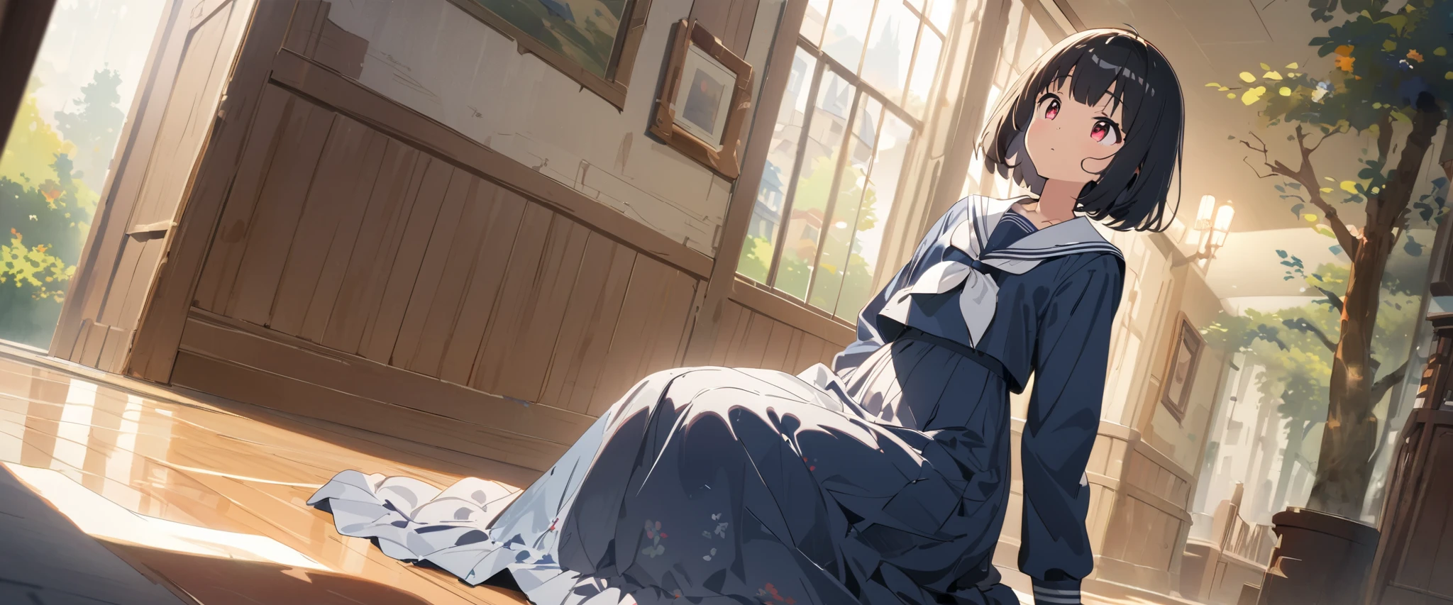 girl、 bob cut、 black hair、stupid hair、 Red Eye、 tree eyes 、Three white eyes、Sailor suit with long skirt、 glare、Old fashioned hallway background、 Masterpiece、 top quality、 detailed explanation 、 cute anime 、 illustration 、 high resolution, attention to detail , 超 high resolution, very detailed, dreamy watercolor painting , low angle、 flat chest、 full body view、 pleasant face、、underwear、 disheveled clothes、perfect body、 low angle、股間の隙間からunderwearが見える、sit