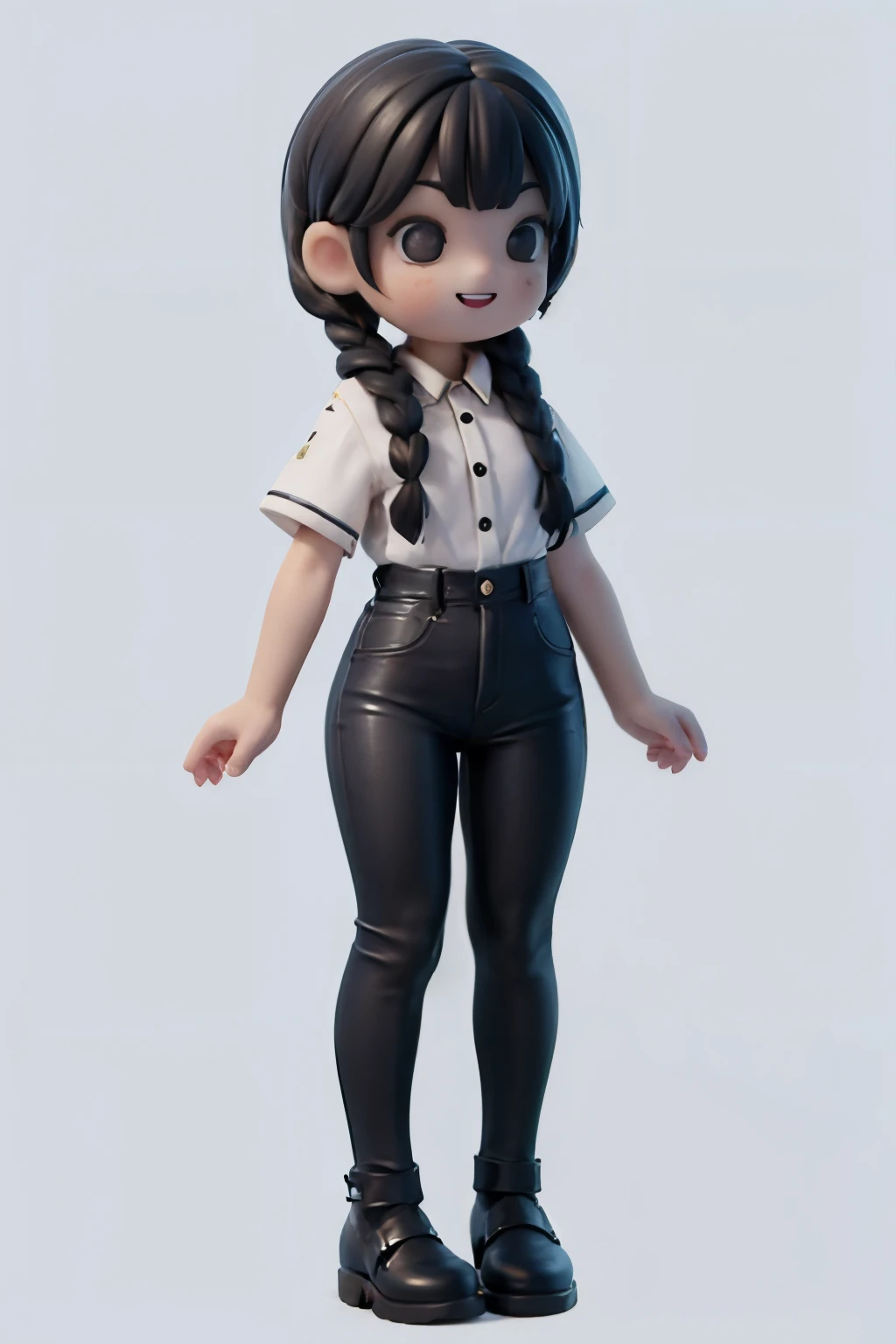 1girl smiling, ((black)) hair, braids, white short sleeves button shirt, pants, stand up, front view, full body, no background