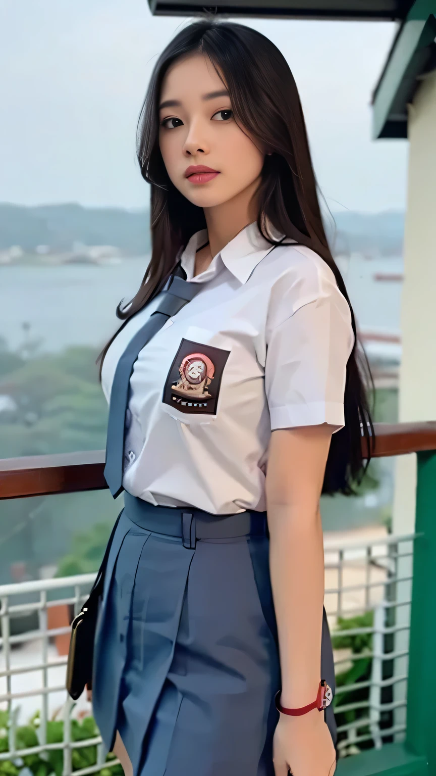 masterpiece,((ligne claire)), limited palette,best quality, flat color, low contrast, ((1girl)),(((an extremelydelicateandbeautifulgirl))),(beautiful detailed face),(beautiful detailed eyes),{long hair},hair ornamen,((middle breasts)),long black hair,hair ribbon,school uniform , standing,((looking at viewer:1.6)), view from below,beautiful detailed sky,bright sky,cloudy sky,sunlight, (detailedlight),lighting,colorful,ocean,beach, bridge,way to school,sky scraper, autumn, haze