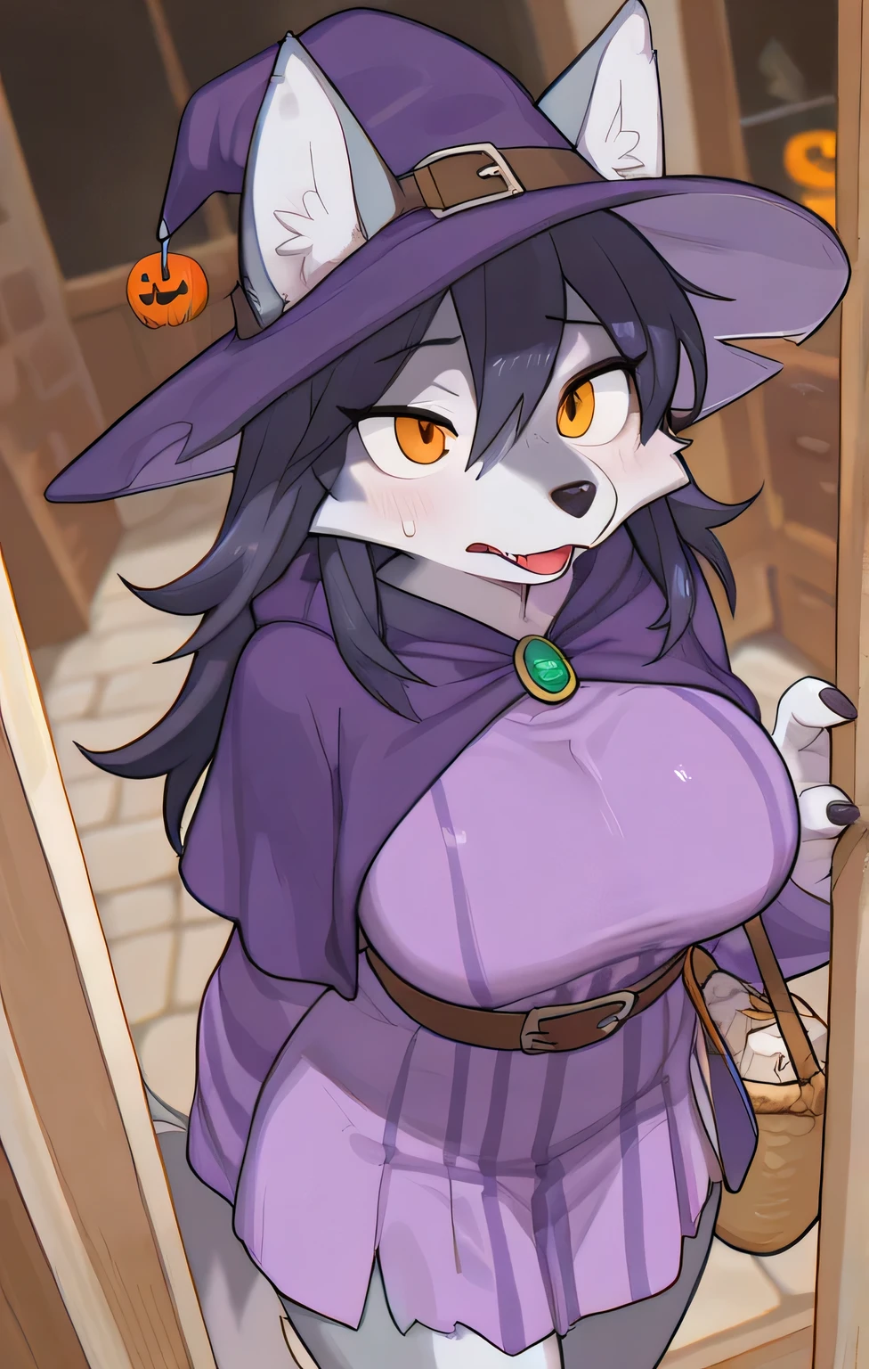 by fluff-kevlar, by Zackary911, by Kenket, by Kilinah, by fluff-kevlar, (masterpiece), (best quality), (anthro furry:1.3, snout:1.2, anthro:1.3, furry:1.2, solo female:1.2), (voluptuous figure), (big breasts), (big thighs), clothed, solo, halloween, halloween night, witch costume, witch hat, (extremely happy expression, perfect posture), (holding a candy basket), neighborhood background, long hair, black an green hair, fox, green eyes, eye shadow,