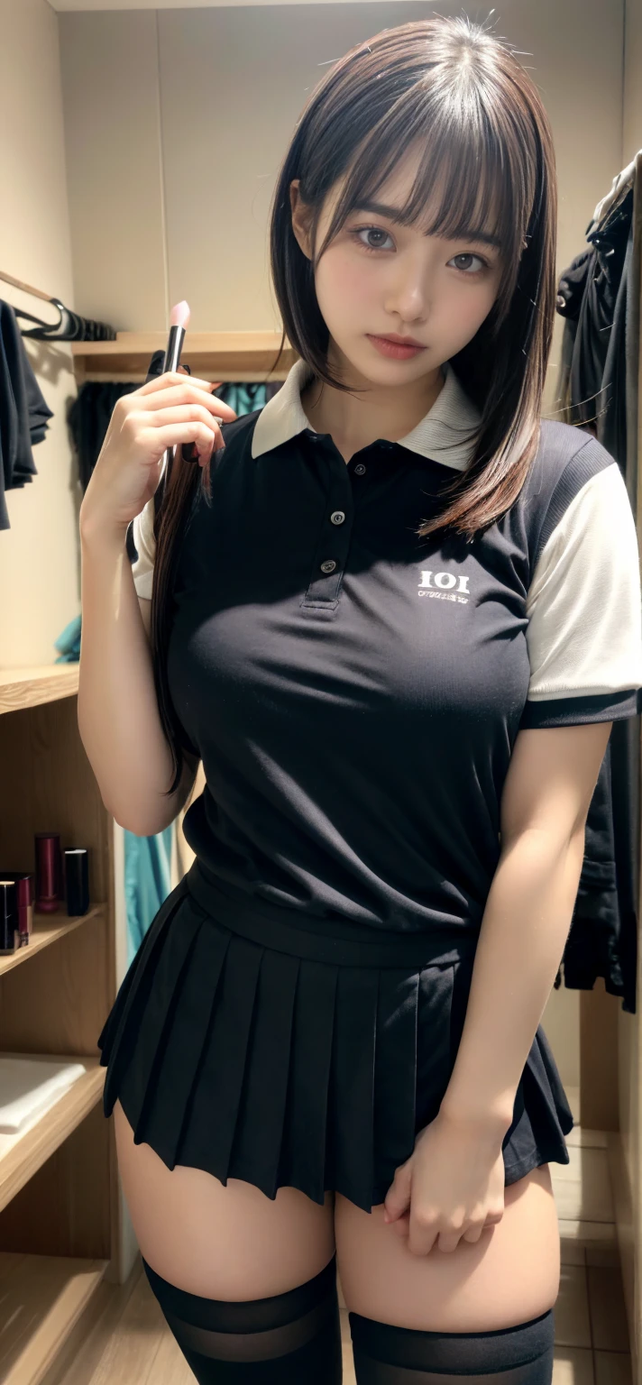 absurdres, RAW photo, extremely delicate and beautiful, masterpiece, Best Quality, ultra high resolution, 32k, hyperrealistic, ultra-detailed, perfect anatomy, super Detailed skin, perfect figure, in her 20s, very Slim body, narrow waist, very small head, very small face, delicate facial features, tearful mole, earring, thin legs, ((very huge round breasts)), full body shot, medium hair, black hair, ((((golf_uniform)))),