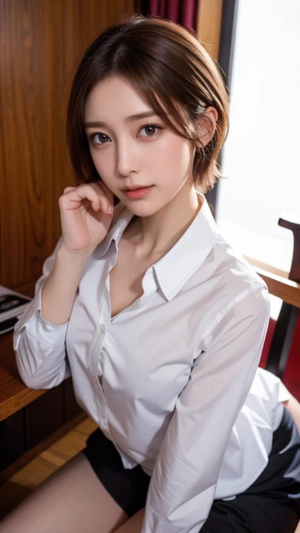 ((of the highest quality, 8K, masutepiece: 1.3, Raw photo)), Sharp Focus: 1.2, (1 AESPA Girl :1.1), Solo, (Realistic, Photorealistic: 1.37), (Face Focus: 1.1), Cute face, hyperdetailed face, short messy hair, Small Smile, small breasts, flat chest, button down shirt, chiffon panties, office room, up-from-under look
