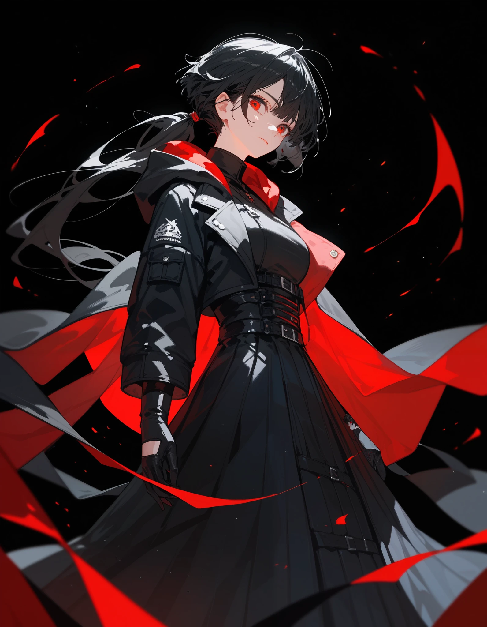 girl, black hair, thin hair, slightly white, in red eyes , pretty short hair , long ponytail, Chestnut-sized,, the black long-sleeved shirt , Black Glove , black background, Black Shawl,Black Hoodie , long skirt,Hood