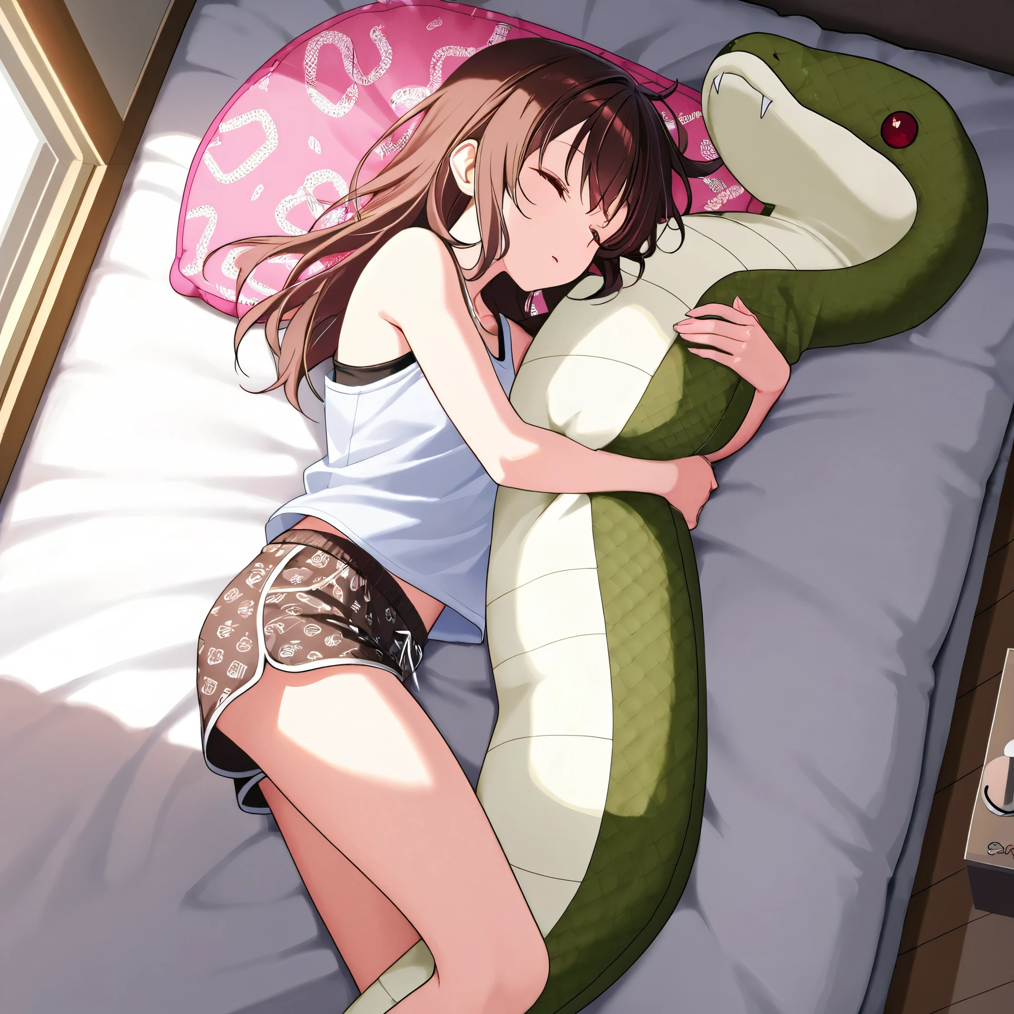 (( stuffed snake)),Fluffy and cute snake,,Snake-shaped hug pillow、Snake-patterned cuddle pillow, snakeskin、Snake shaped pillow,、Woman happily sleeping on cute snake cuddle pillow, shorts, tank top, inside apartment, morning、Active angle, python-patterned cuddle pillow、python pattern