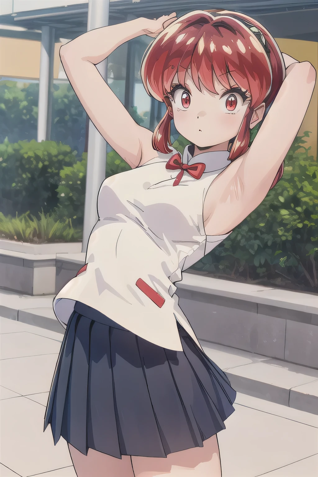((top-quality)、(masterpiece)、(solo)、Raise your arms and highlight your armpits 、Ranma、 faithfully reproduced 、 wearing a pleated skirt