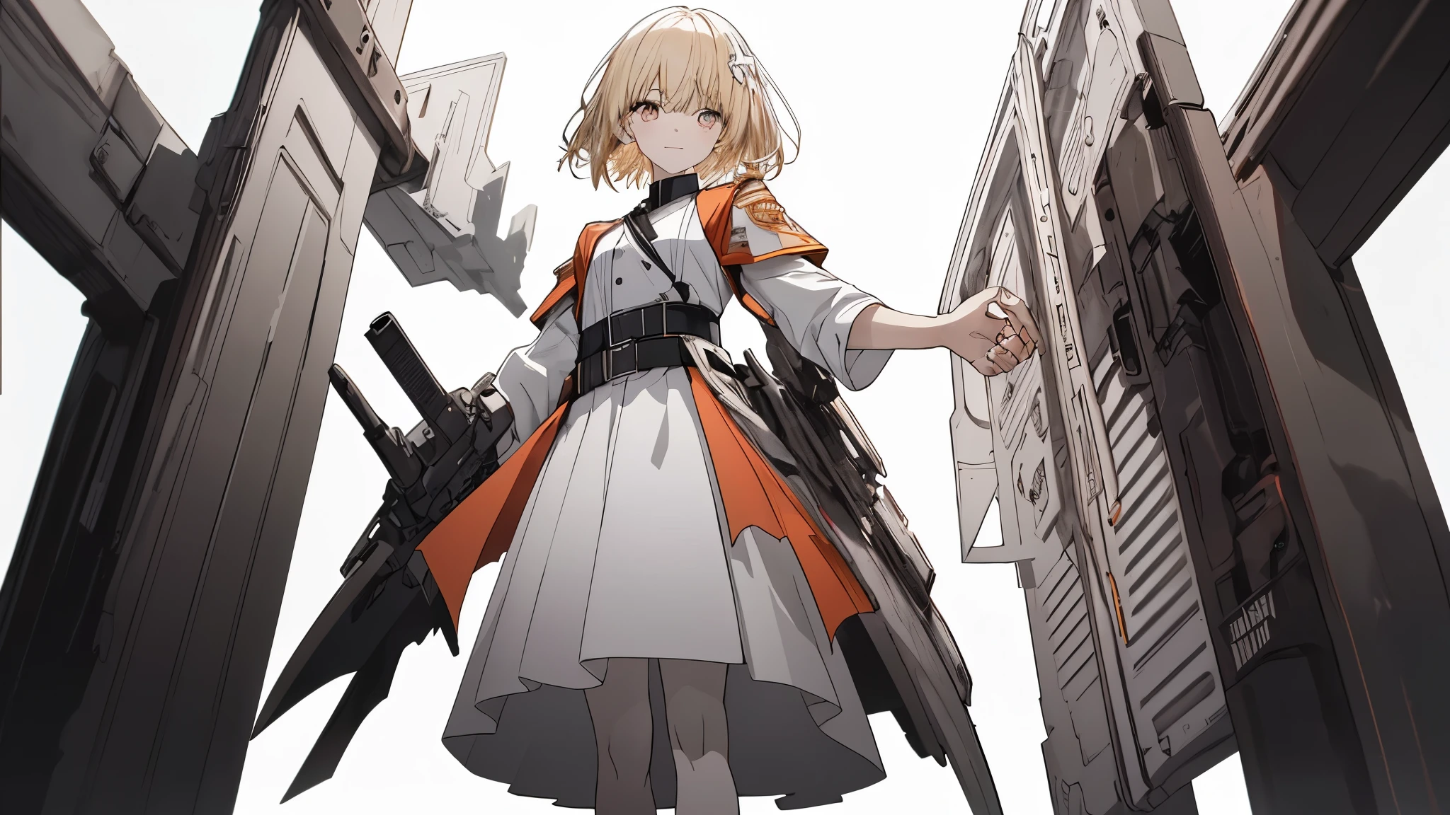 ( SUPER SEXY POSES :1.2), ( look up from below :1.2),  full body,   underbelt white dress military uniform,  Black Haired Head ,( Masterpiece:1.2,  top quality), (Beautiful, meticulous eyes: 1.2), ( with each ),  High Contrast , (  Best Illuminated ,  very delicate and beautiful), ((  Cinematic Light )), Dramatic light,  complicated details, dark orange eyes ,  Eyeliner, short,  small breasts、Belt under the chest、 white military uniform,   white skirt , blonde, Tuxedo,  ( Pale white background :1.5), Wolves Shears ,  For men {x}  correct handshake,   Look at Me and Laugh , Reddish skin,  low angle、  flat chest、  full body view、 pleasant face、、underwear、 disheveled clothes、perfect body、 low angle、股間の隙間からunderwearが見える、 angle from below
