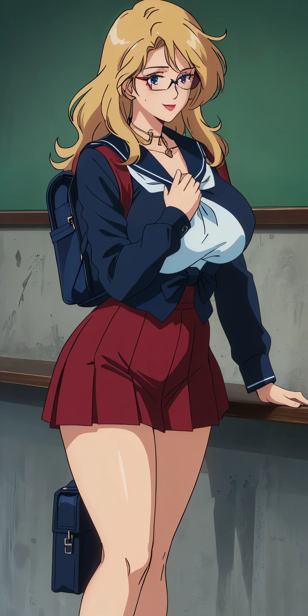 Young woman drawn in 80’s anime art style.
Retro anime. Vintage Anime. Classical Anime.
She has long and wavy blonde hair, blue eyes, full lips, and a beauty mark located under the right side of her mouth. She is well known for her curvaceous figure of which her most distinctive trait is her very large breasts. She is also wearing round glasses and a seductive smile.
She is wearing a sailor fuku (セーラー服, sērā fuku, sailor outfit) is a common japanese style of uniform worn by women, traditionally by high school female students.
The uniform generally consists of a sailor-styled blouse attached with a (Navy blue sailor-style collar) and a Dark Navy Blue Sailor Blouse. The length of the long skirt goes down past her ankle.
A ribbon is tied in the front and laced through a loop attached to the sailor blouse. The color is the ribbon is red. (RED RIBBON)
(Dark Navy Blue Sailor Shirt)
(Dark Navy Pleated Skirt)
She is holding a brown briefcase and wearing a backpack.
She is visiting a High School.
(Solo)