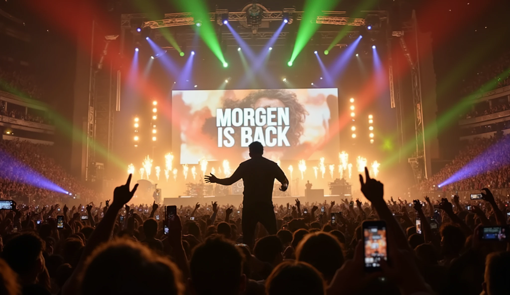 A grand concert stage, filled with the electrifying energy of a cheering crowd. Medium shot: the protagonist stands center stage, illuminated by powerful, colorful spotlights beaming in all directions, creating a spectacular show atmosphere. He is performing with intense energy, his body in motion, sweat glistening on his face from the heat of the performance. Behind him, a massive LED screen displays the bold, glowing text "MORGEN IS BACK". The atmosphere is vibrant and celebratory—bright lights, flashes, and lasers cut through the space, immersing the audience in a high-energy spectacle. Fans in the crowd raise their hands, wave their smartphones like stars in the night, and the entire scene radiates pure concert euphoria, capturing the peak moment of a triumphant return to the stage