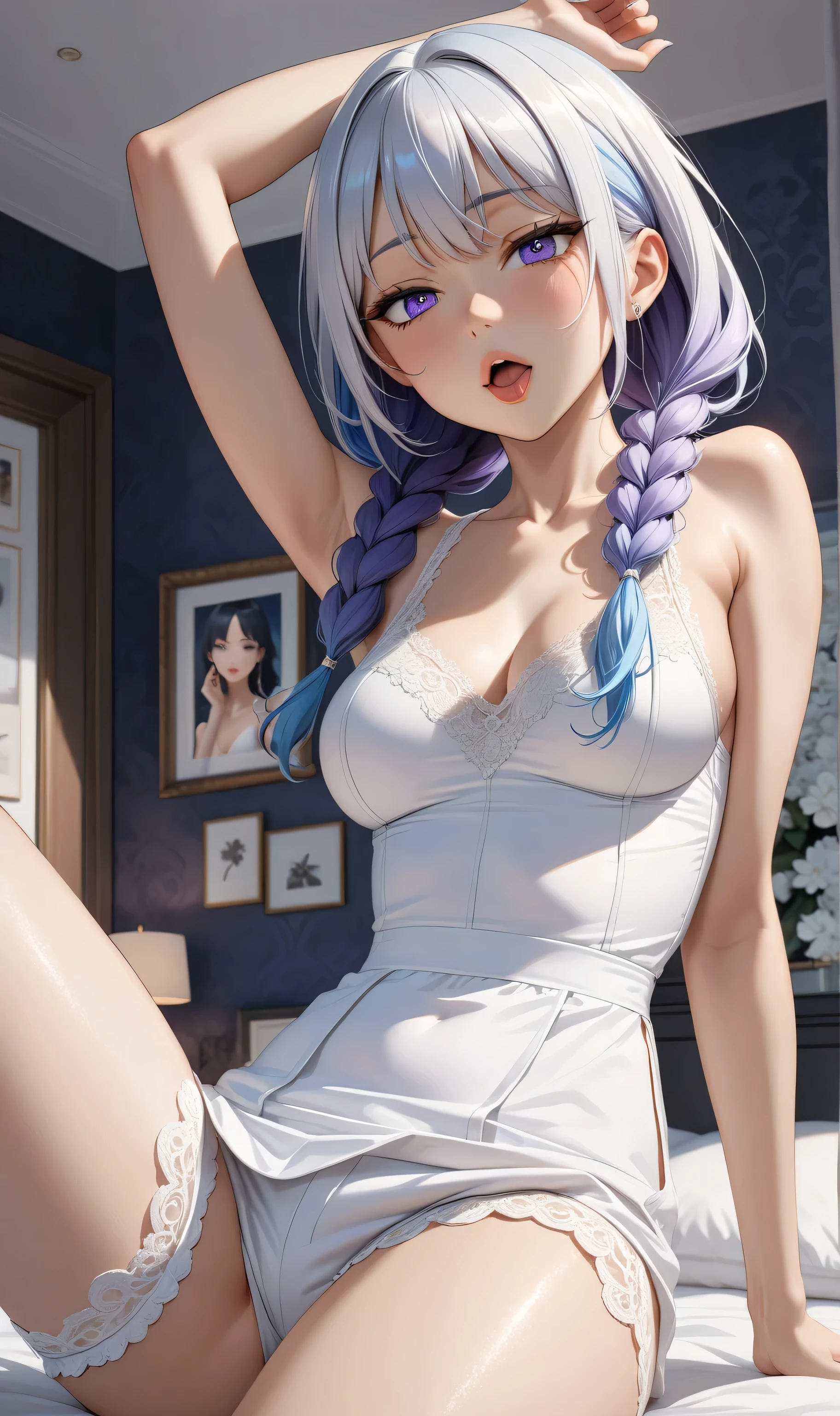 (highres,best quality:1.2),mature female,sitting on bed,nightgown,wet,dim lighting,luxurious bedroom,soft velvet texture,dreamy ambiance,subtle shadows,calm expression,gentle pose,dark color scheme,reflections on the floor,wistful atmosphere,comfortable surroundings,faint glow from a bedside lamp