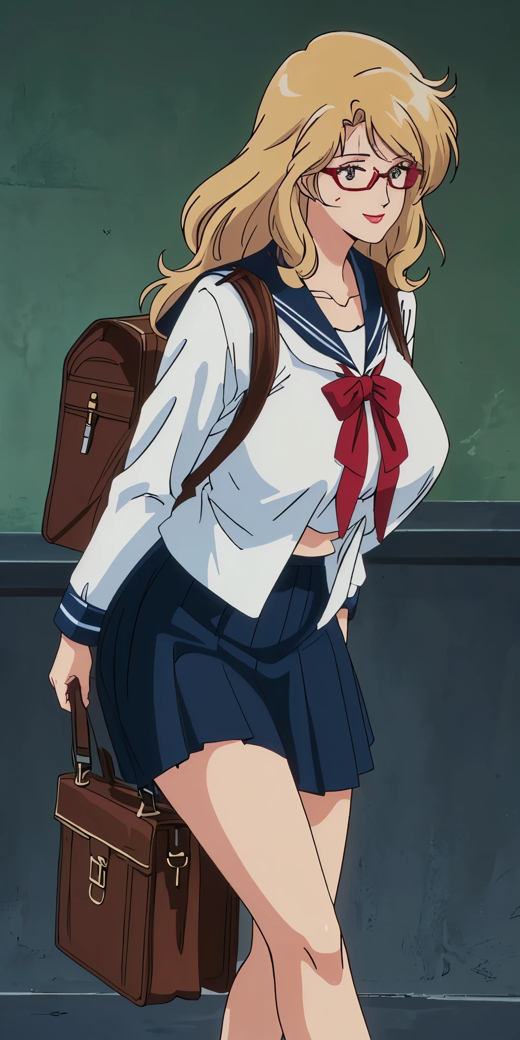 Young woman drawn in 80’s anime art style.
Retro anime. Vintage Anime. Classical Anime.
She has long and wavy blonde hair, blue eyes, full lips, and a beauty mark located under the right side of her mouth. She is well known for her curvaceous figure of which her most distinctive trait is her very large breasts. She is also wearing round glasses and a seductive smile.
She is wearing a sailor fuku (セーラー服, sērā fuku, sailor outfit) is a common japanese style of uniform worn by women, traditionally by high school female students.
The uniform generally consists of a sailor-styled blouse attached with a (Navy blue sailor-style collar) and a Dark Navy Blue Sailor Blouse. The length of the long skirt goes down past her ankle.
A ribbon is tied in the front and laced through a loop attached to the sailor blouse. The color is the ribbon is red. (RED RIBBON)
(Dark Navy Blue Sailor Shirt)
(Dark Navy Pleated Skirt)
She is holding a brown briefcase and wearing a backpack.
She is visiting a High School.
(Solo)